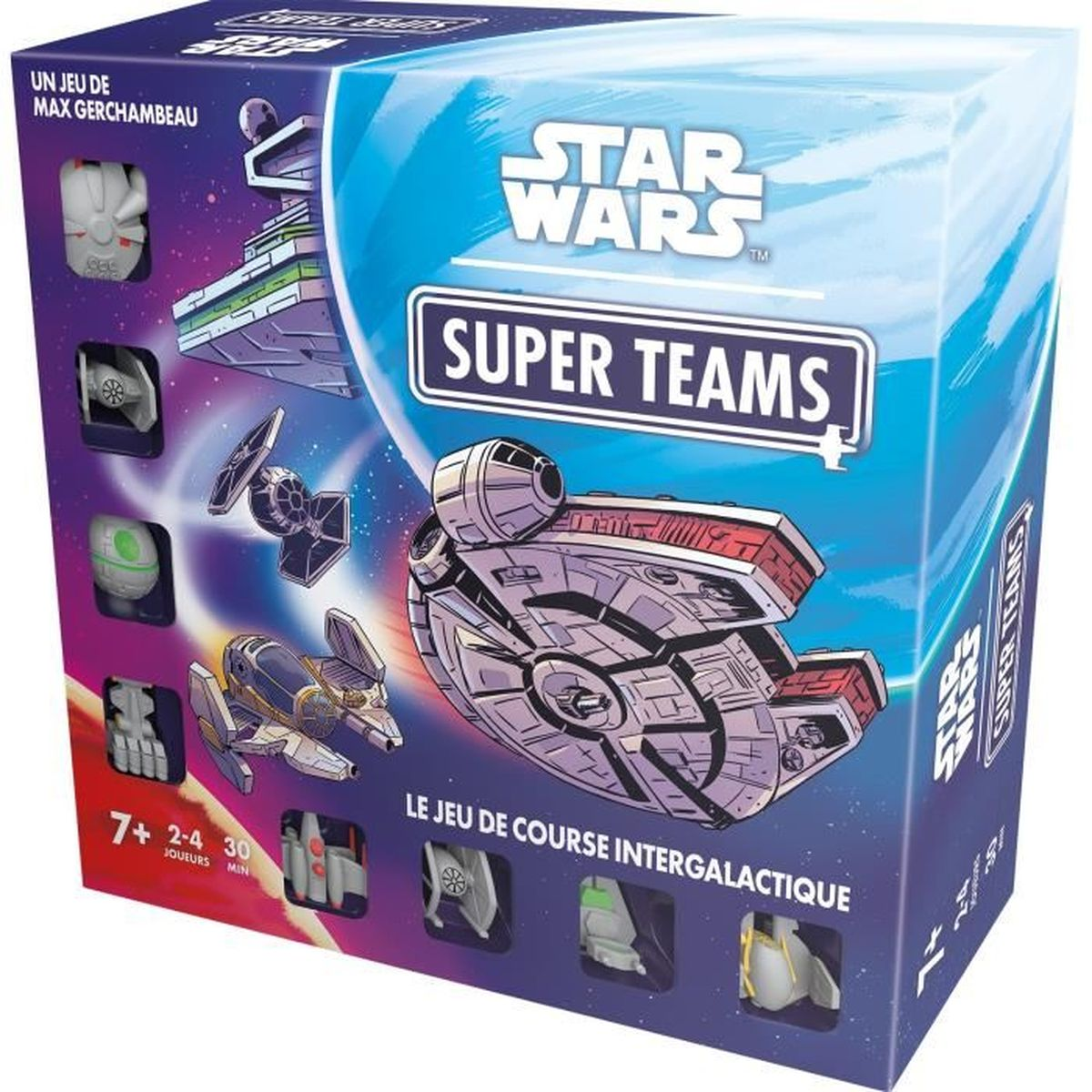 Star Wars Super Teams Spielbox. Es zeigt verschiedene Raumschiffillustrationen, darunter den Millennium Falcon und einen TIE-Jäger.