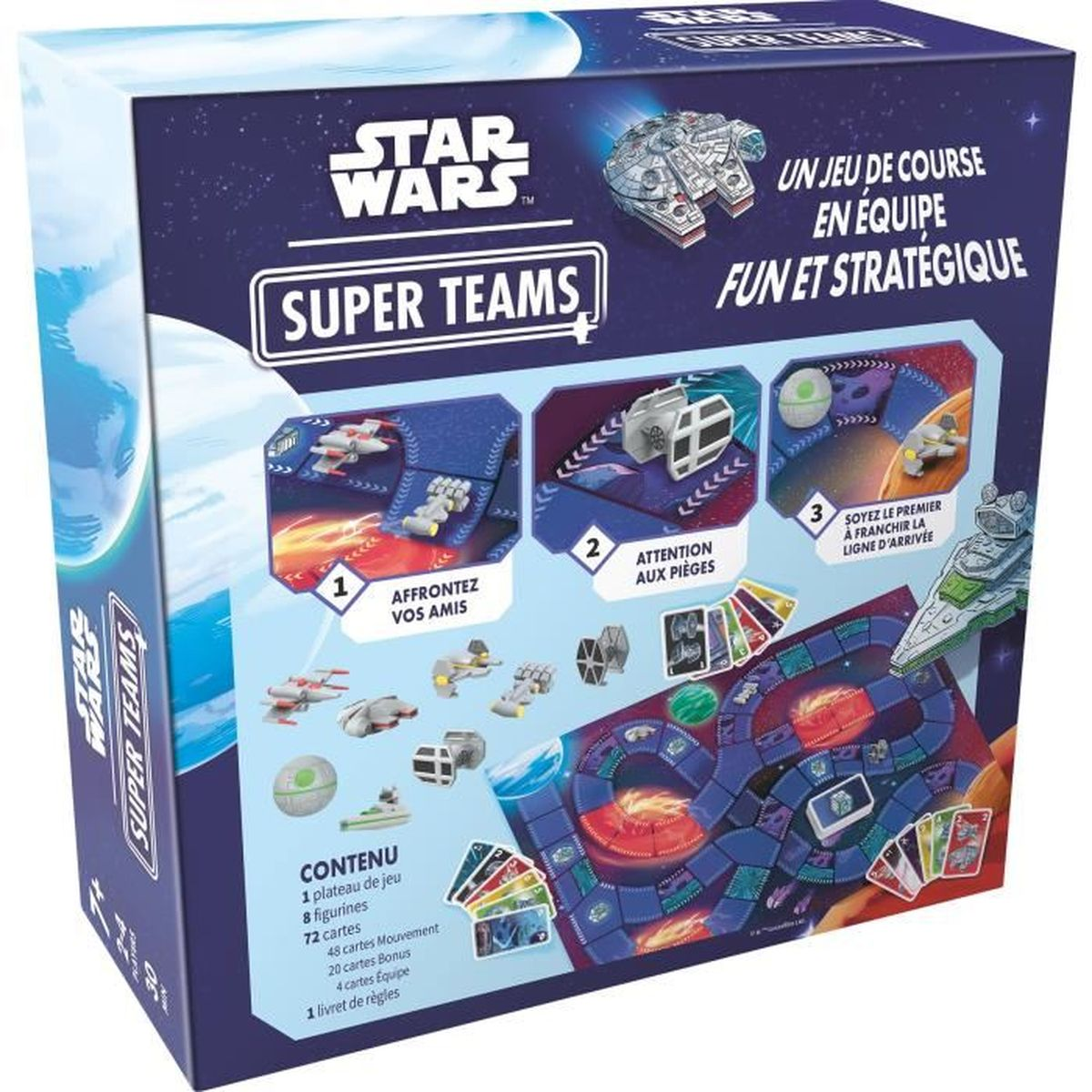 Star Wars Super Teams Brettspielbox. Zeigt Spielbrett, Raumschiffminiaturen und Text auf Französisch. Enthält Spielteile und Regeln.