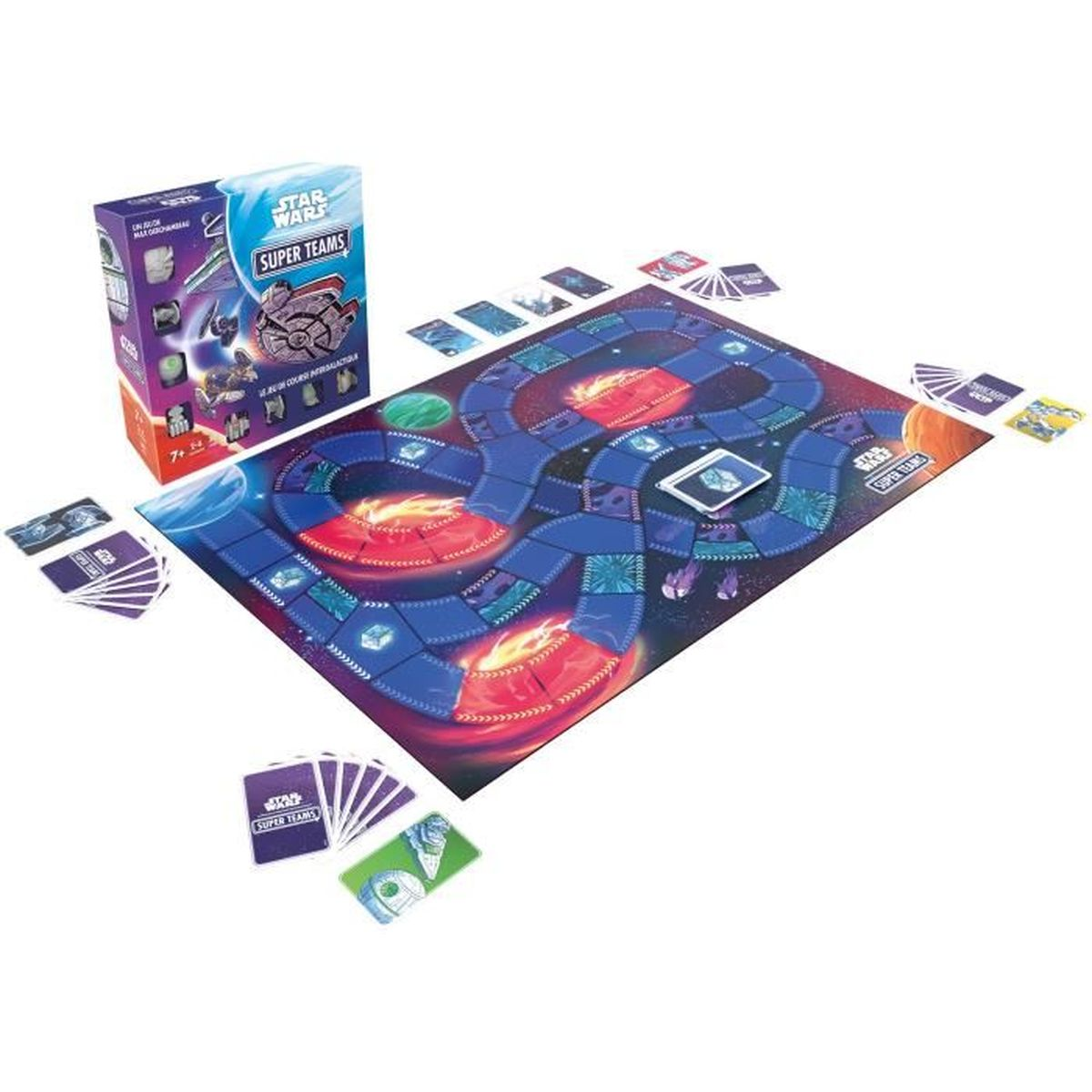 Star Wars Super Teams Brettspiel. Box, Spielbrett, Karten und Spielsteine liegen auf einer weißen Oberfläche. Das Spiel hat ein Galaxiethema.