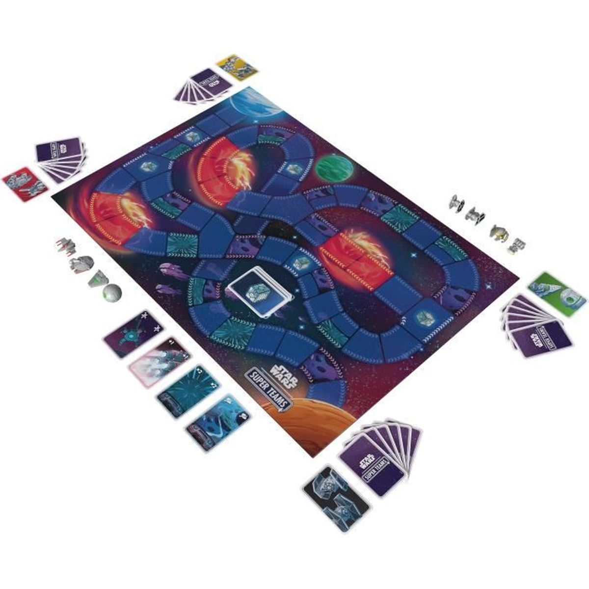 Star Wars Super Teams Brettspiel. Ein Spielbrett mit Karten, Raumschiffen und Planeten-Token.