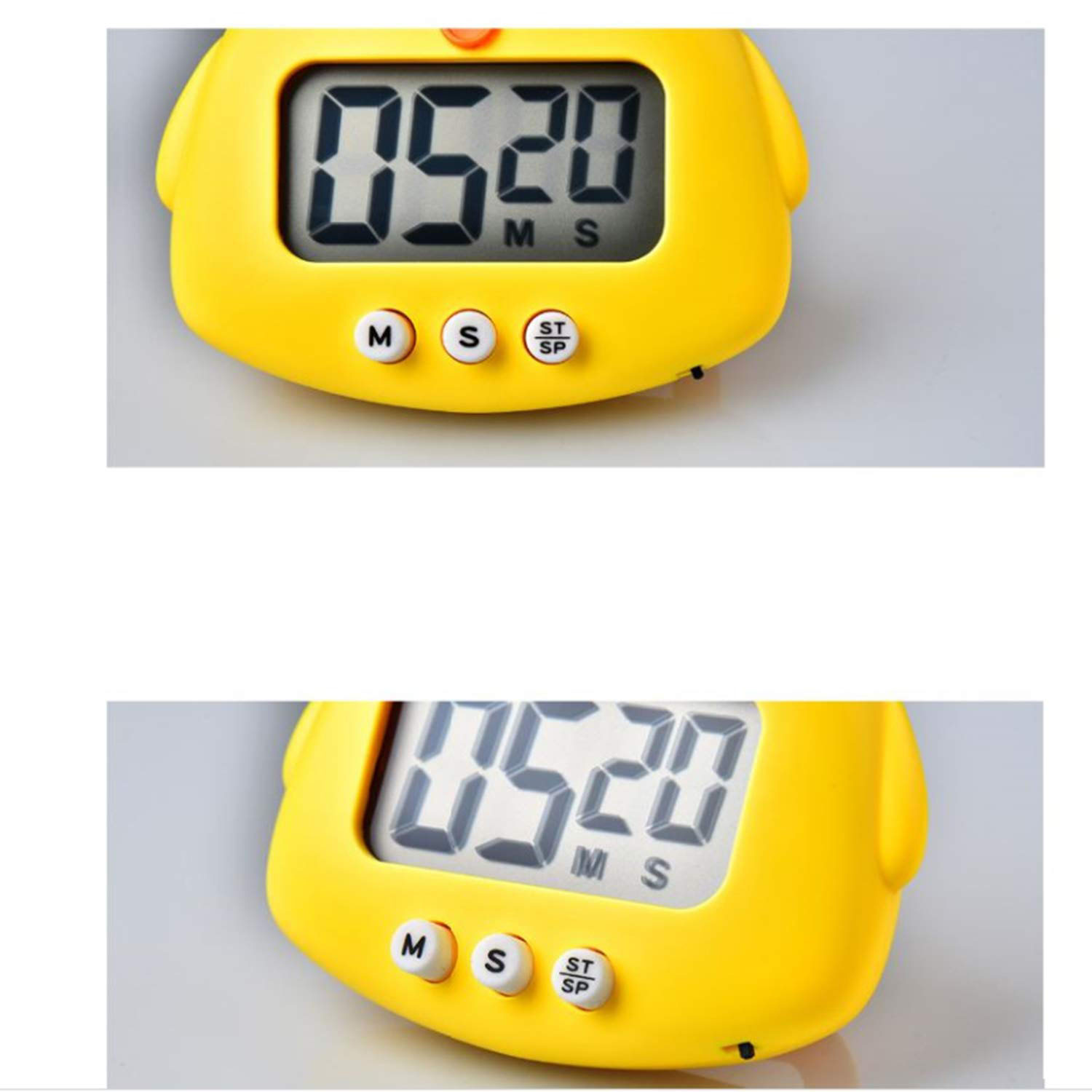 Ein gelber Timer zeigt 05:20. Er hat drei Knöpfe: M, S, ST/SP. Der Timer ist wie eine Ente geformt. Der Hintergrund ist schlicht.