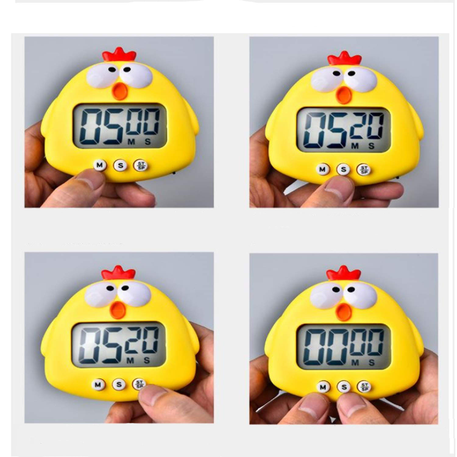 Vier Bilder von gelben kükenförmigen Küchentimern. Jeder zeigt eine digitale Zeit an. Hände halten die Timer und zeigen unterschiedliche Einstellungen.