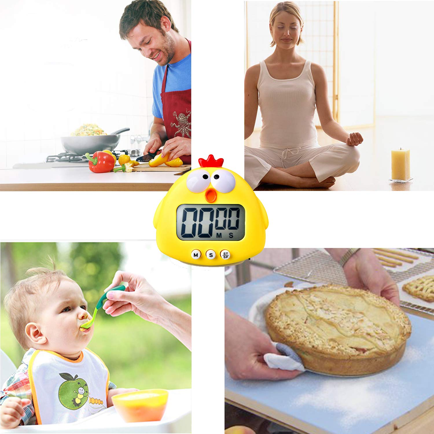 Eine Collage zeigt einen Mann beim Kochen, eine Frau beim Meditieren, ein Baby beim Essen und einen Kuchen, der aus dem Ofen genommen wird, mit einem Hühner-Timer.