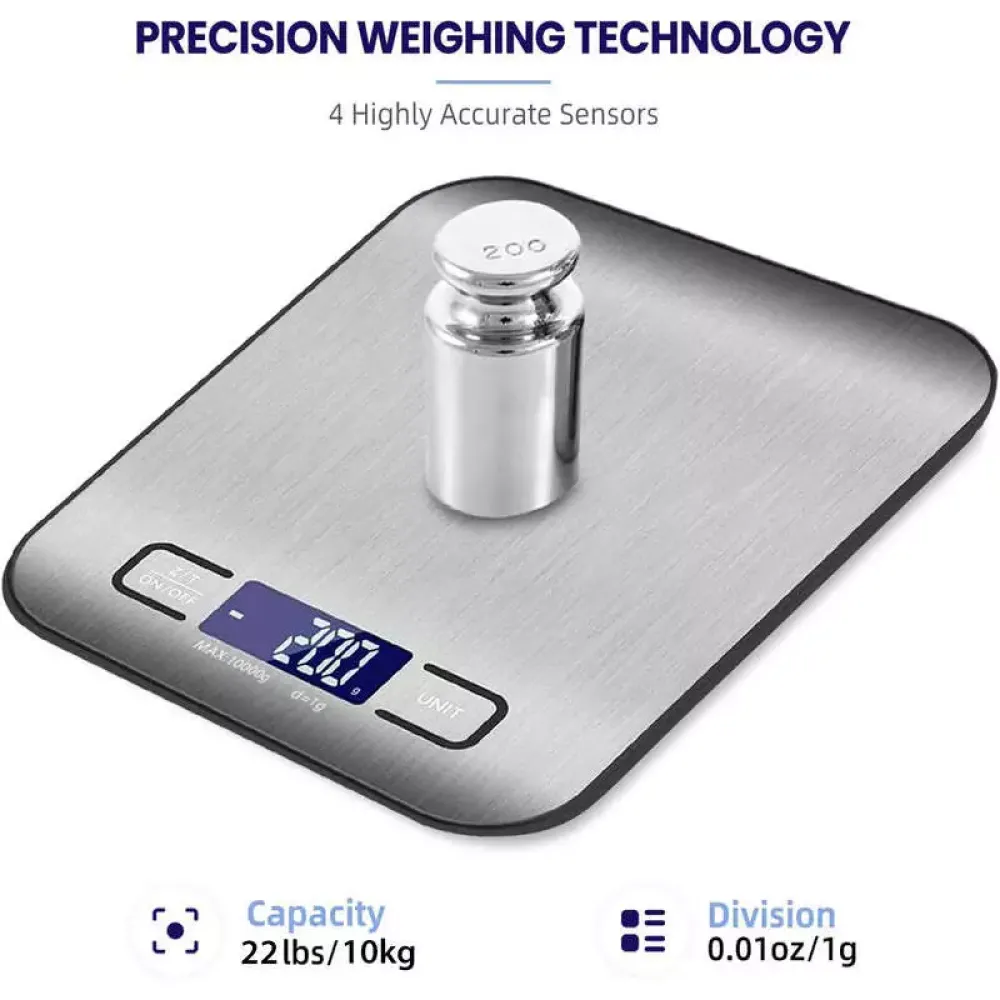 Eine digitale Küchenwaage mit einem Gewicht darauf. Die Anzeige zeigt 200,7 g. Oben steht 'Precision Weighing Technology'.