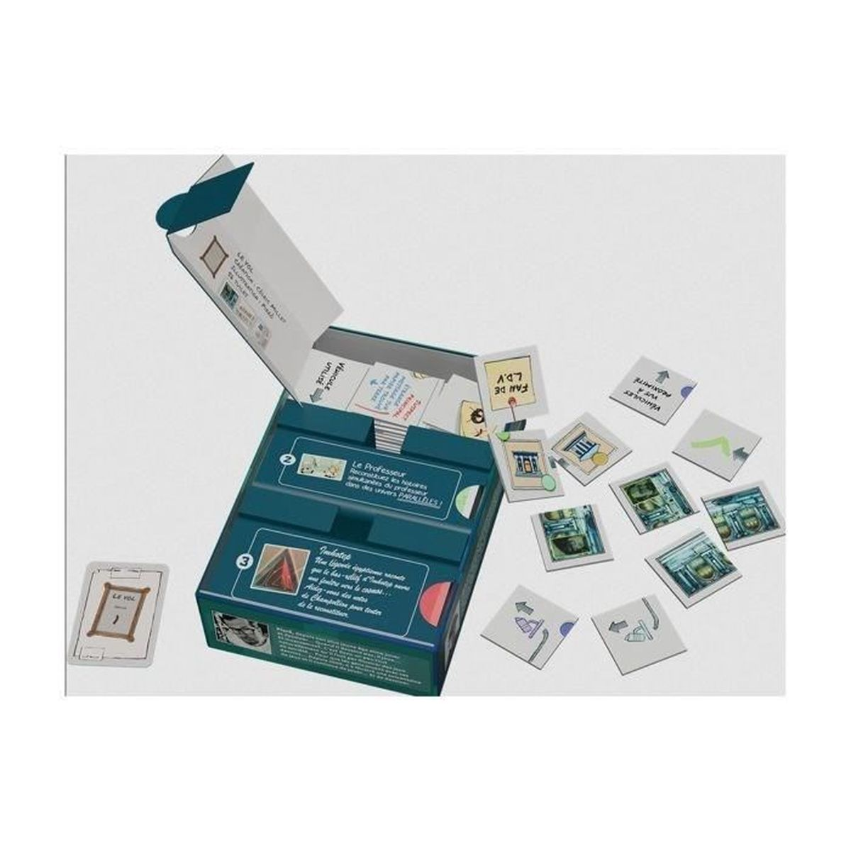 Eine geöffnete Brettspielbox, die Karten und Spielsteine zeigt. Die Box ist blau-grün. Karten und Spielsteine sind verstreut.