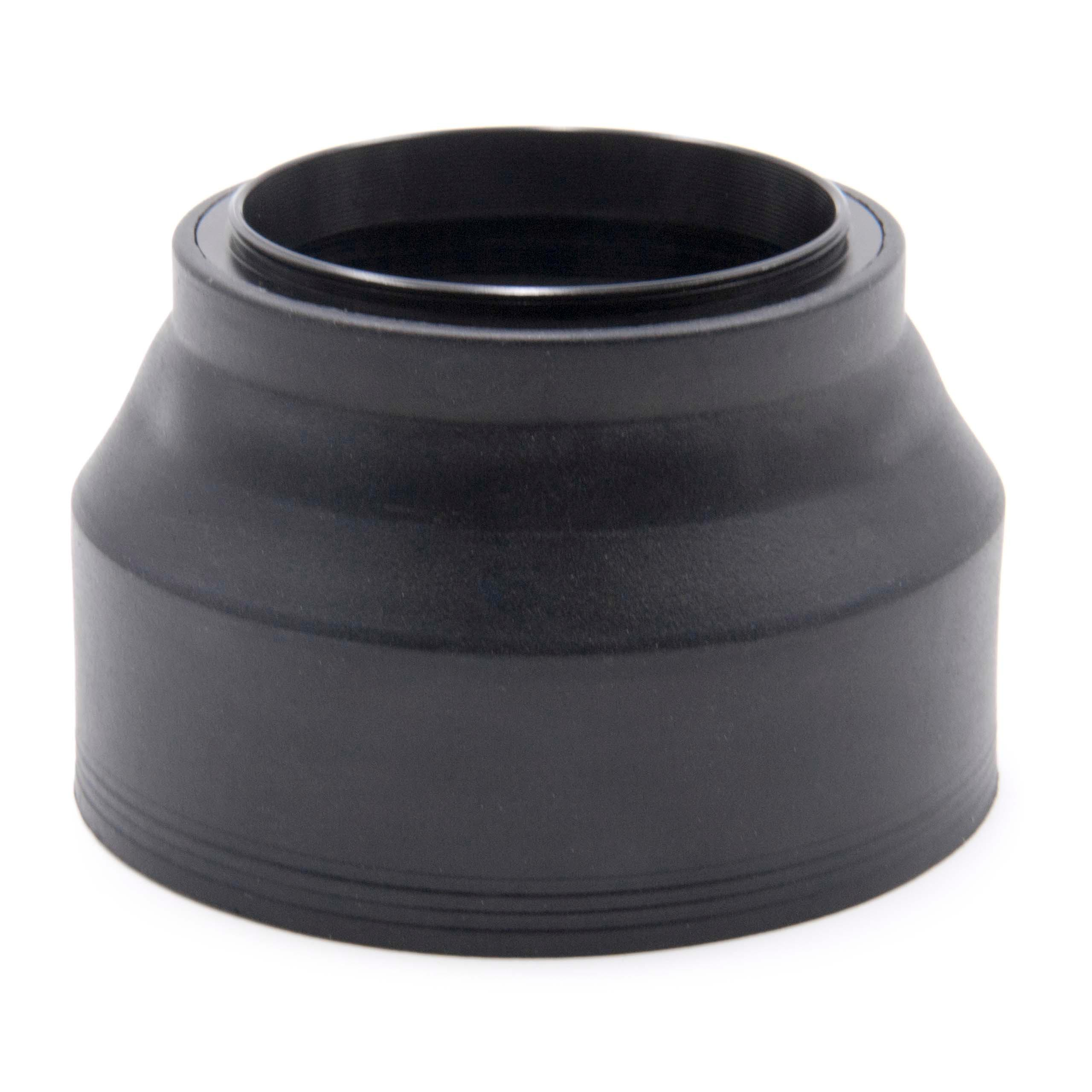 Eine schwarze Sonnenblende steht auf weißem Grund. Sie hat eine zylindrische Form mit Rillen und breiter Basis.