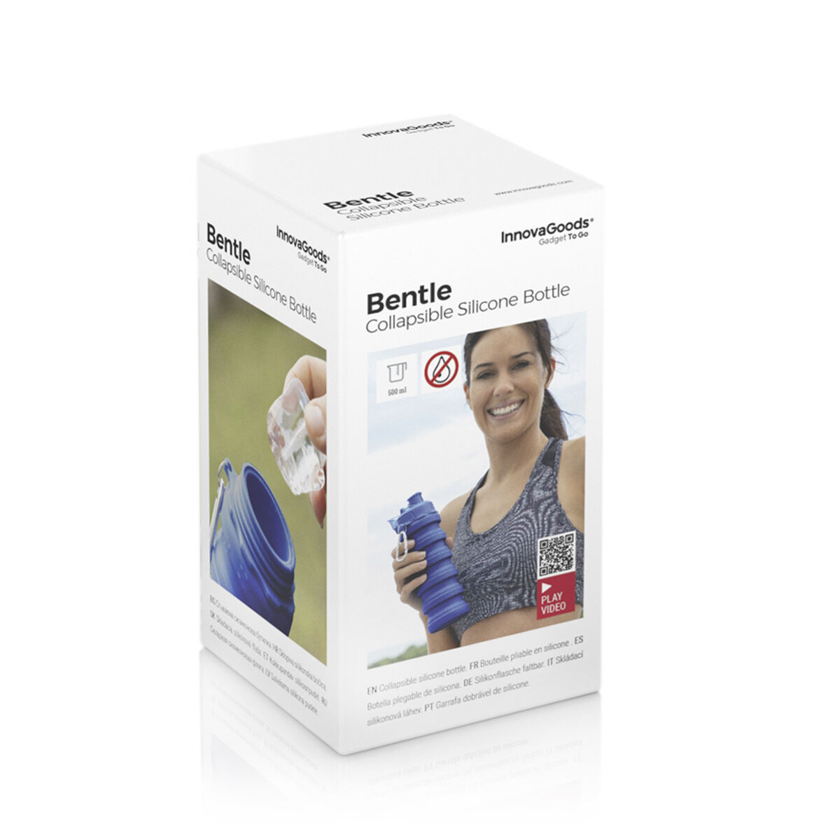 Una scatola con "Bentle Collapsible Silicone Bottle". Una donna tiene in mano una bottiglia d'acqua blu. Testo in più lingue visibile.