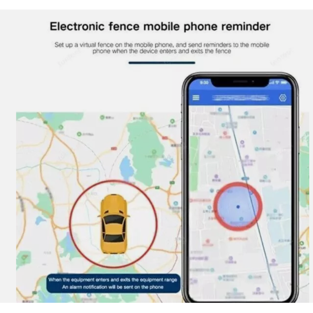 Das Bild zeigt ein Telefon mit einer Karte und einem Autosymbol in einem roten Kreis, was eine Geofencing-Funktion mit Alarmbenachrichtigungen veranschaulicht.