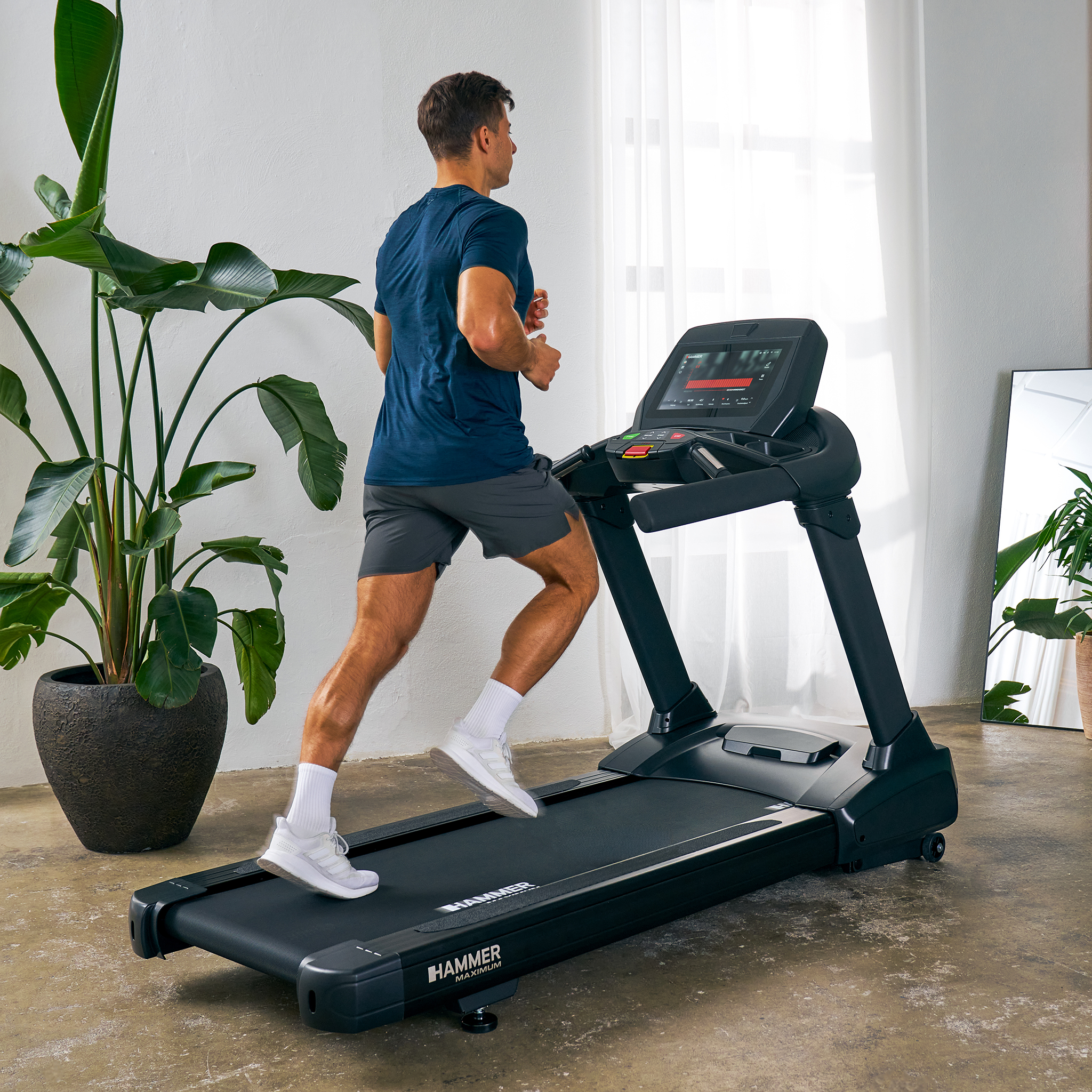Ein Mann läuft drinnen auf einem Laufband. Links ist eine große Pflanze und rechts ein Spiegel. Der Raum hat weiße Wände.