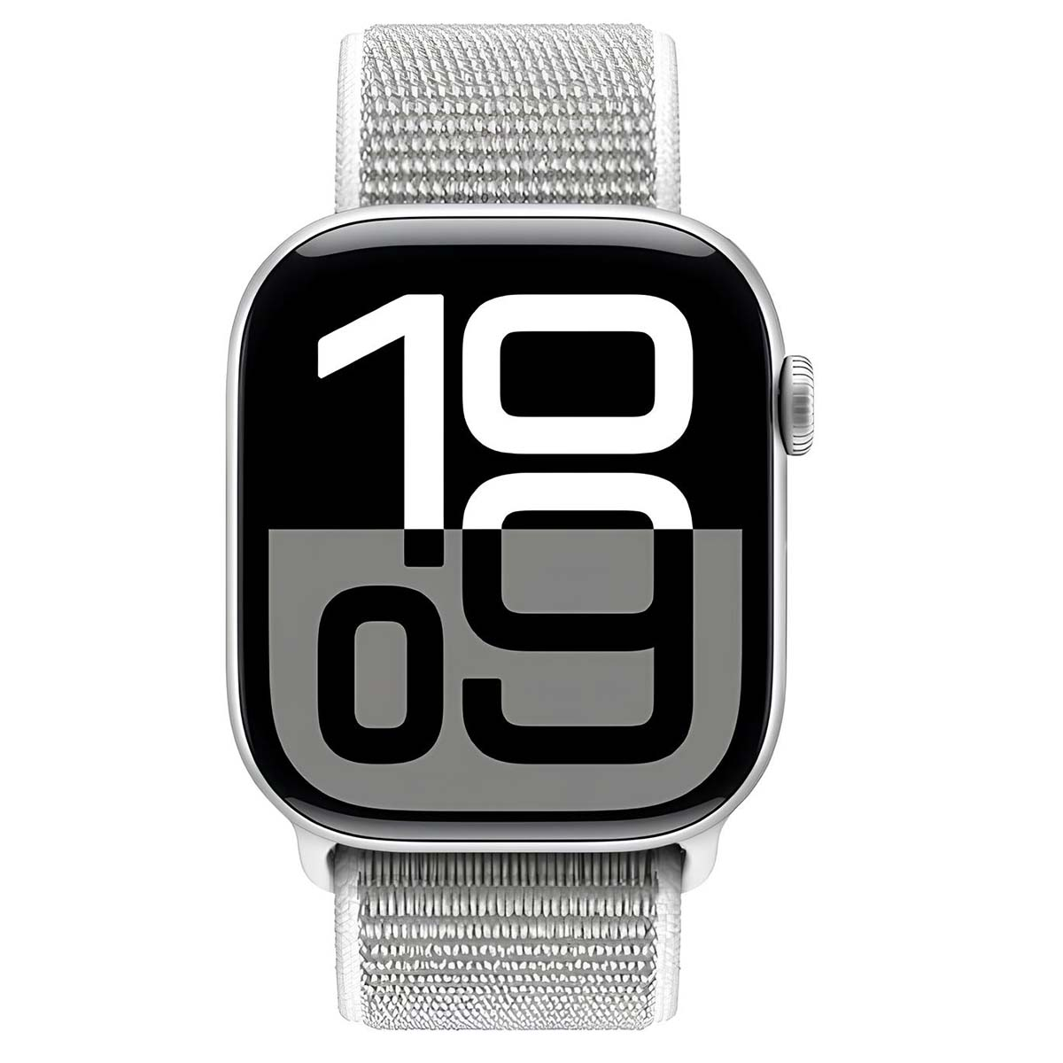 Un Apple Watch argentato che mostra l'ora 19:09 su uno schermo nero, con un cinturino in tessuto grigio chiaro.