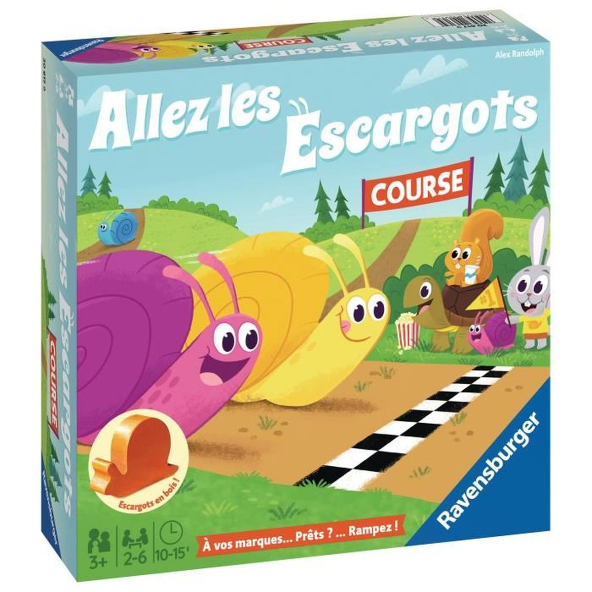 Illustrazione della scatola di un gioco da tavolo. Presenta gare di lumache, con un traguardo e vari animali dei cartoni animati che tifano. Il gioco si chiama 'Allez les Escargots'.