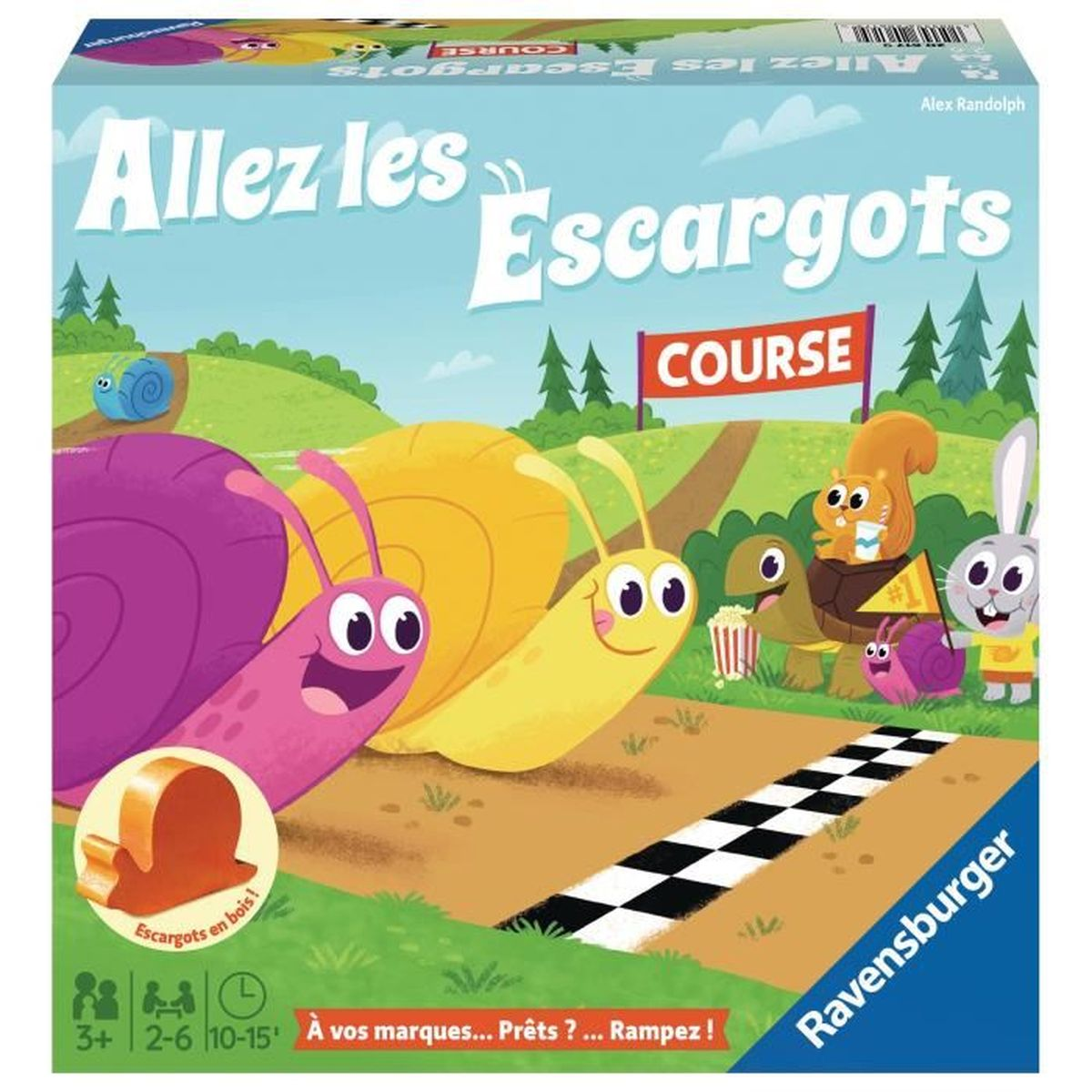 Scatola del gioco da tavolo. Il titolo recita 'Allez les Escargots'. Presenta lumache dei cartoni animati che corrono, con altri animali. Una linea del traguardo è visibile.