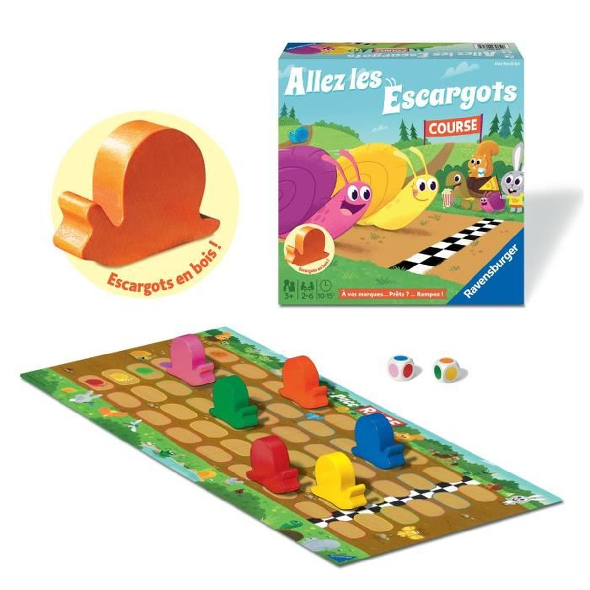 Un gioco da tavolo 'Allez les Escargots'. Include pedine, dadi e artwork della scatola con lumache dei cartoni animati che corrono.