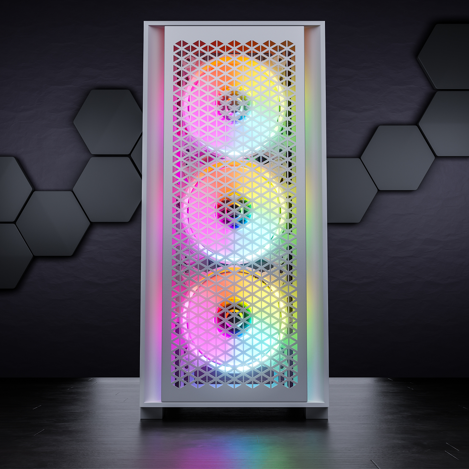 Ein Computergehäuse mit drei Lüftern, die in Regenbogenfarben beleuchtet sind. Sechseckige Formen befinden sich im Hintergrund.
