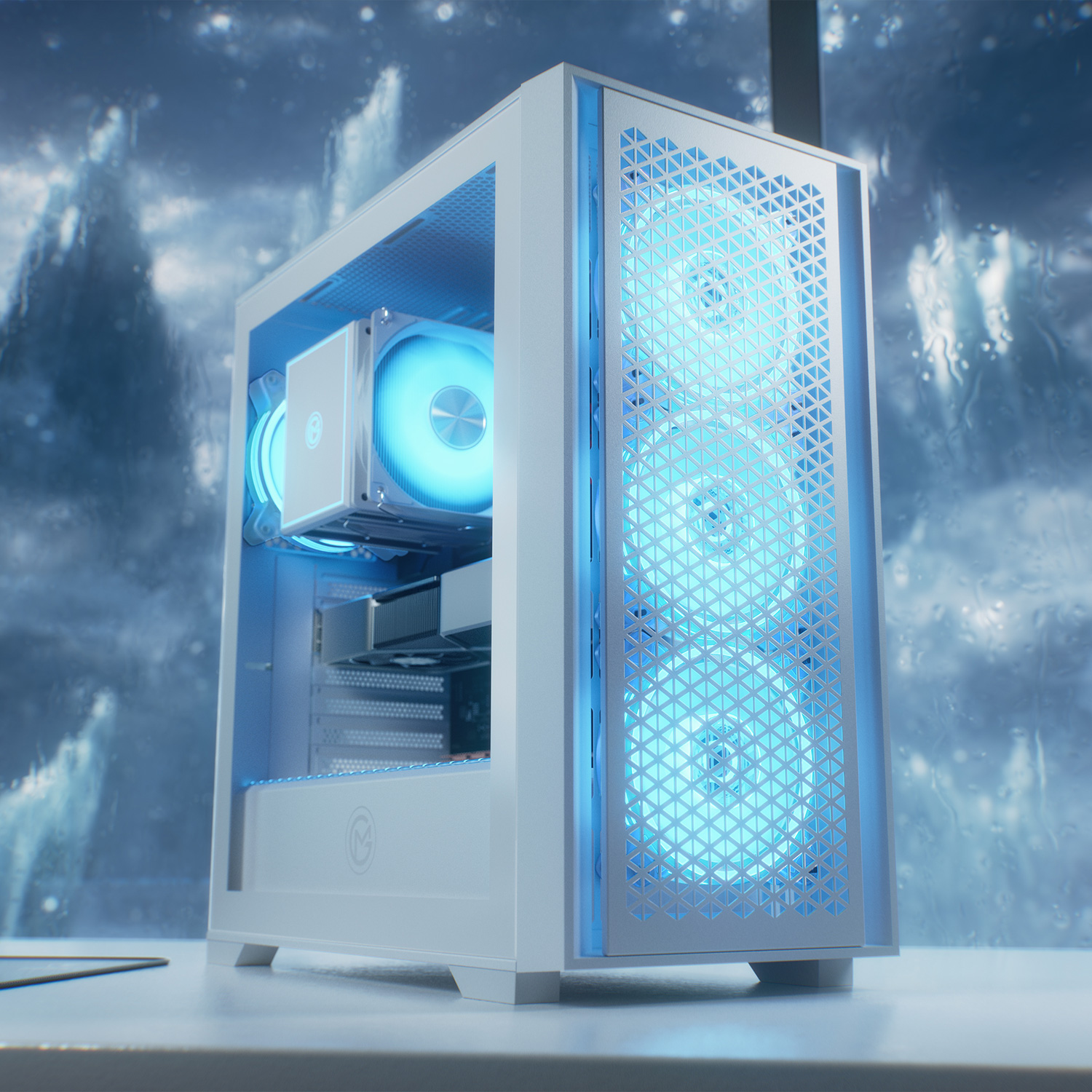 Ein weißes Computergehäuse mit blauer LED-Beleuchtung. Das Gehäuse steht auf einer weißen Oberfläche, mit einem verschwommenen, regnerischen Fenster im Hintergrund.