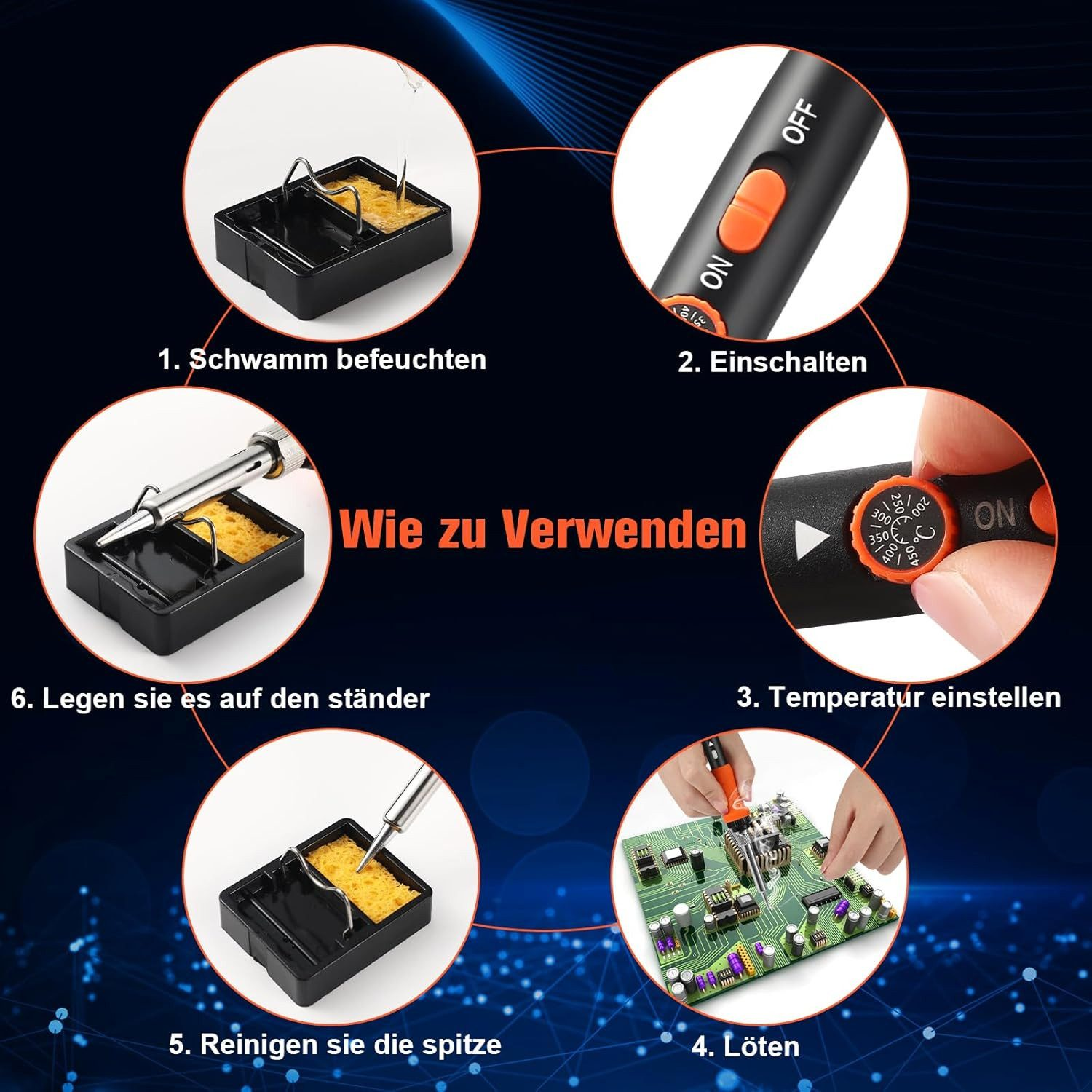 Anweisungen zur Verwendung eines Lötkolbens: Schwamm befeuchten, einschalten, Temperatur einstellen, löten, Spitze reinigen und auf Ständer legen.