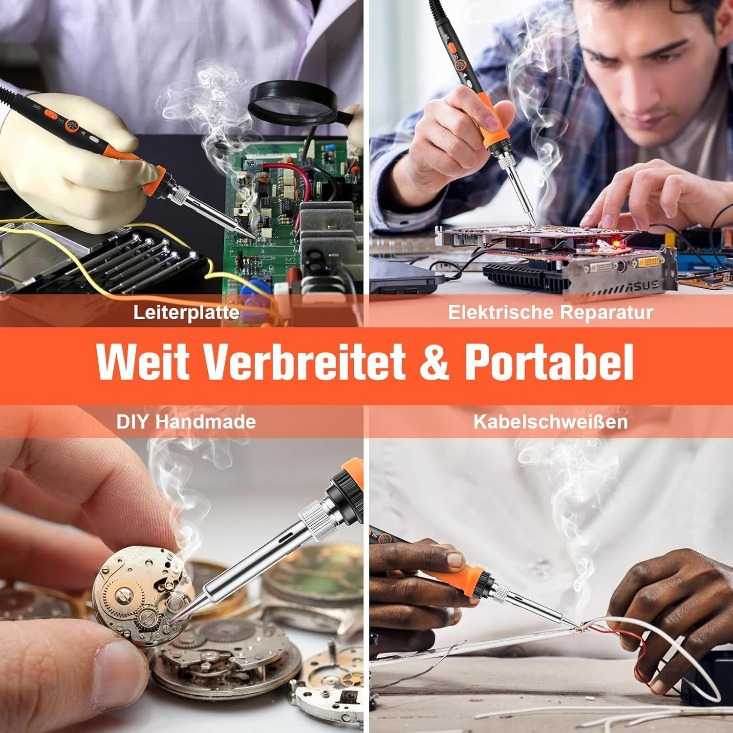 Das Bild zeigt Lötarbeiten an Leiterplatten, Uhrwerksteilen und Drähten. Lötkolben werden verwendet. Der Text lautet 'Weit verbreitet & tragbar'.
