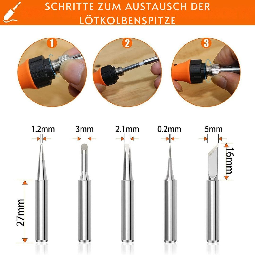 Das Bild zeigt die Schritte zum Austausch der Lötkolbenspitze mit Diagrammen und Maßen. Mehrere Spitzen sind im unteren Teil des Bildes dargestellt.