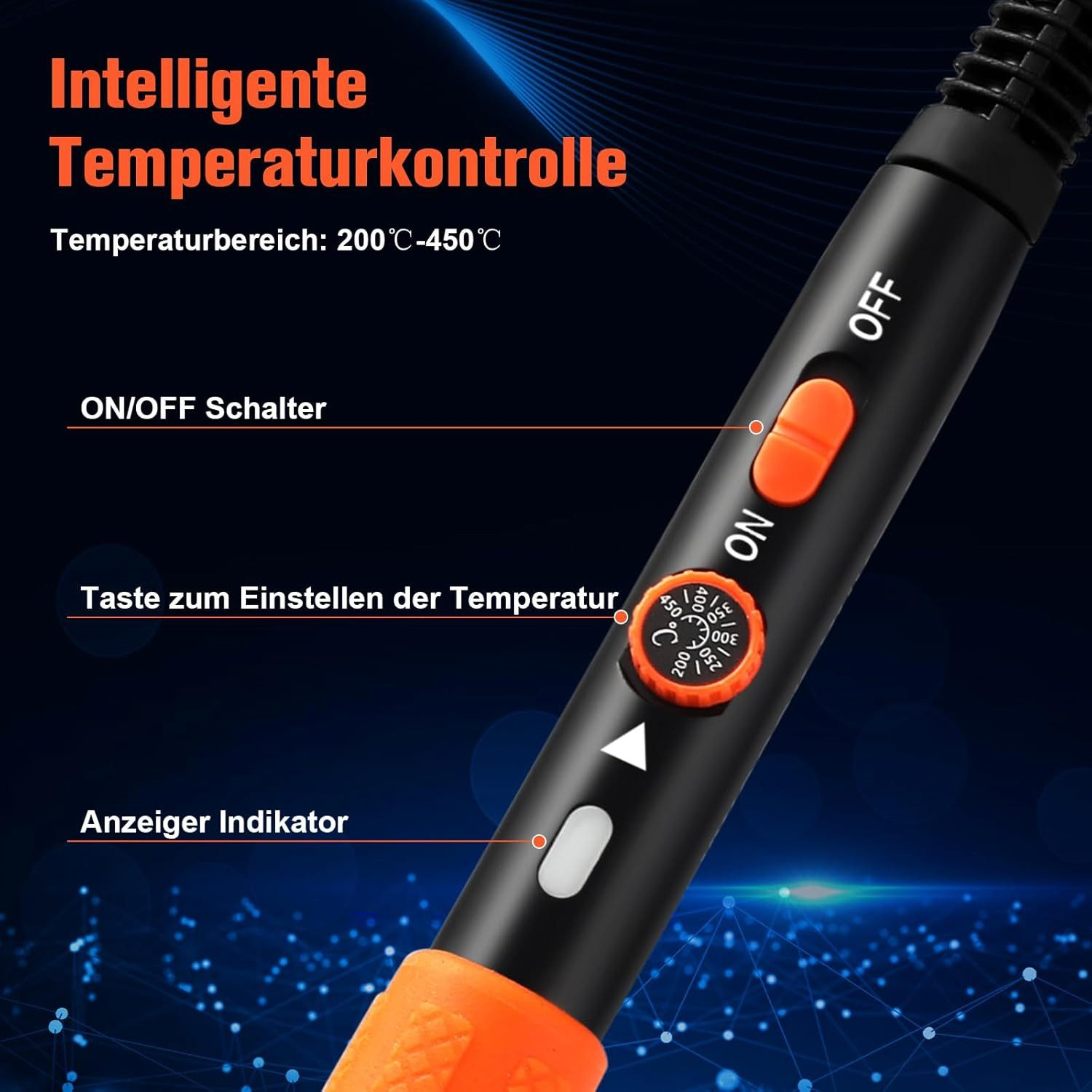 Schwarzer Lötkolben mit orangen Akzenten. Verfügt über Temperaturregler, EIN/AUS-Schalter und Kontrollleuchte, mit Temperaturdetails.