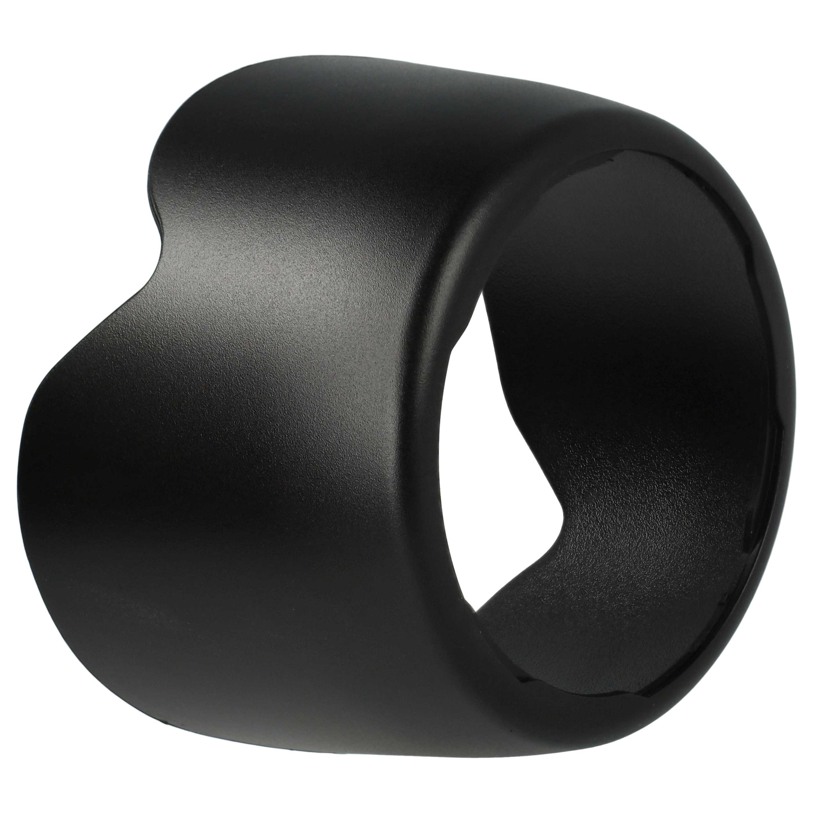 Eine schwarze Objektivsonnenblende, zylindrisch mit gewölbter Oberseite. Sie steht vor weißem Hintergrund und hat eine matte Oberfläche.