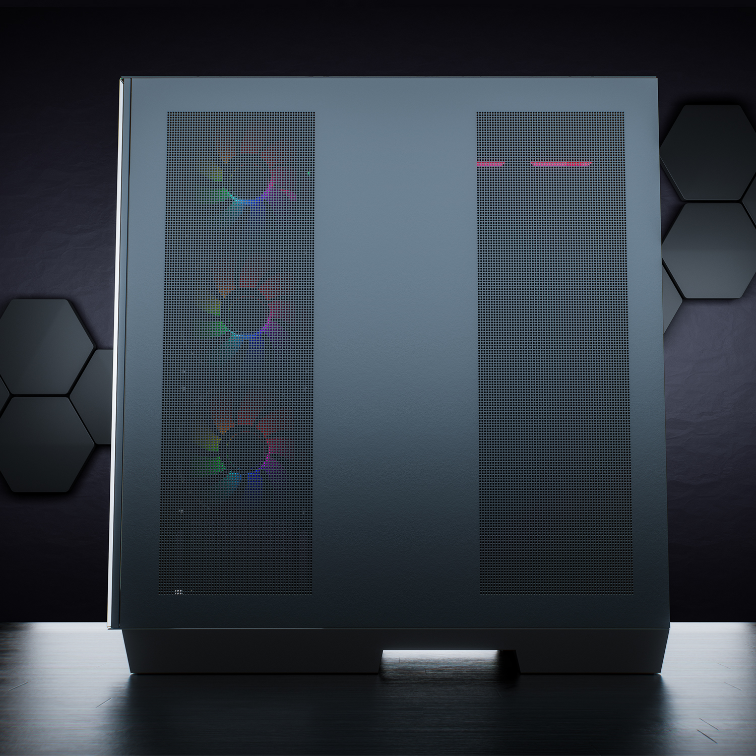 Ein dunkles Computergehäuse mit perforierten Paneelen, RGB-Lüftern auf der linken Seite und einem dunklen Hintergrund mit sechseckigen Formen.