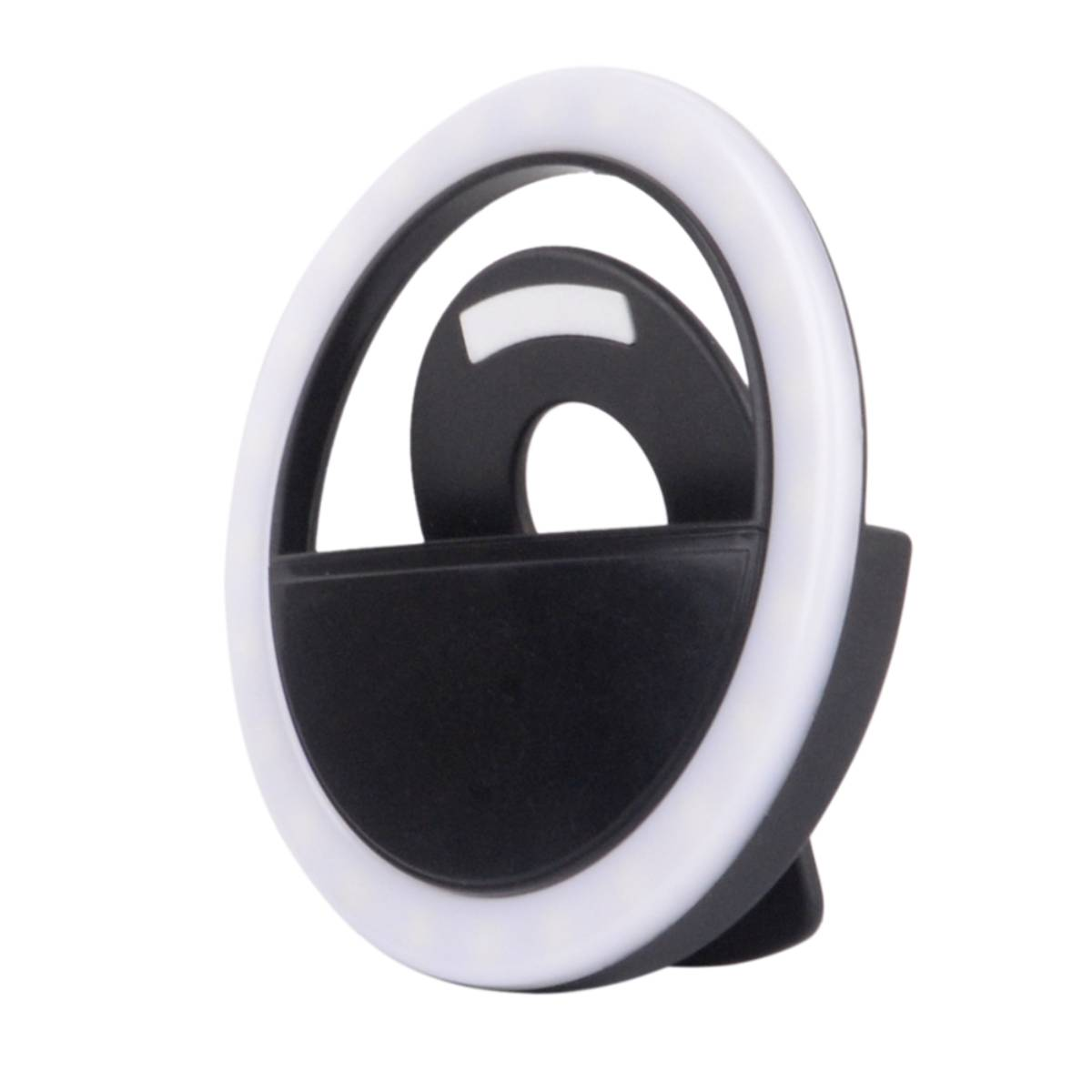 Ein schwarz-weißes Ringlicht mit Telefonhalter. Das Licht ist kreisförmig mit einem weißen, leuchtenden Rand.