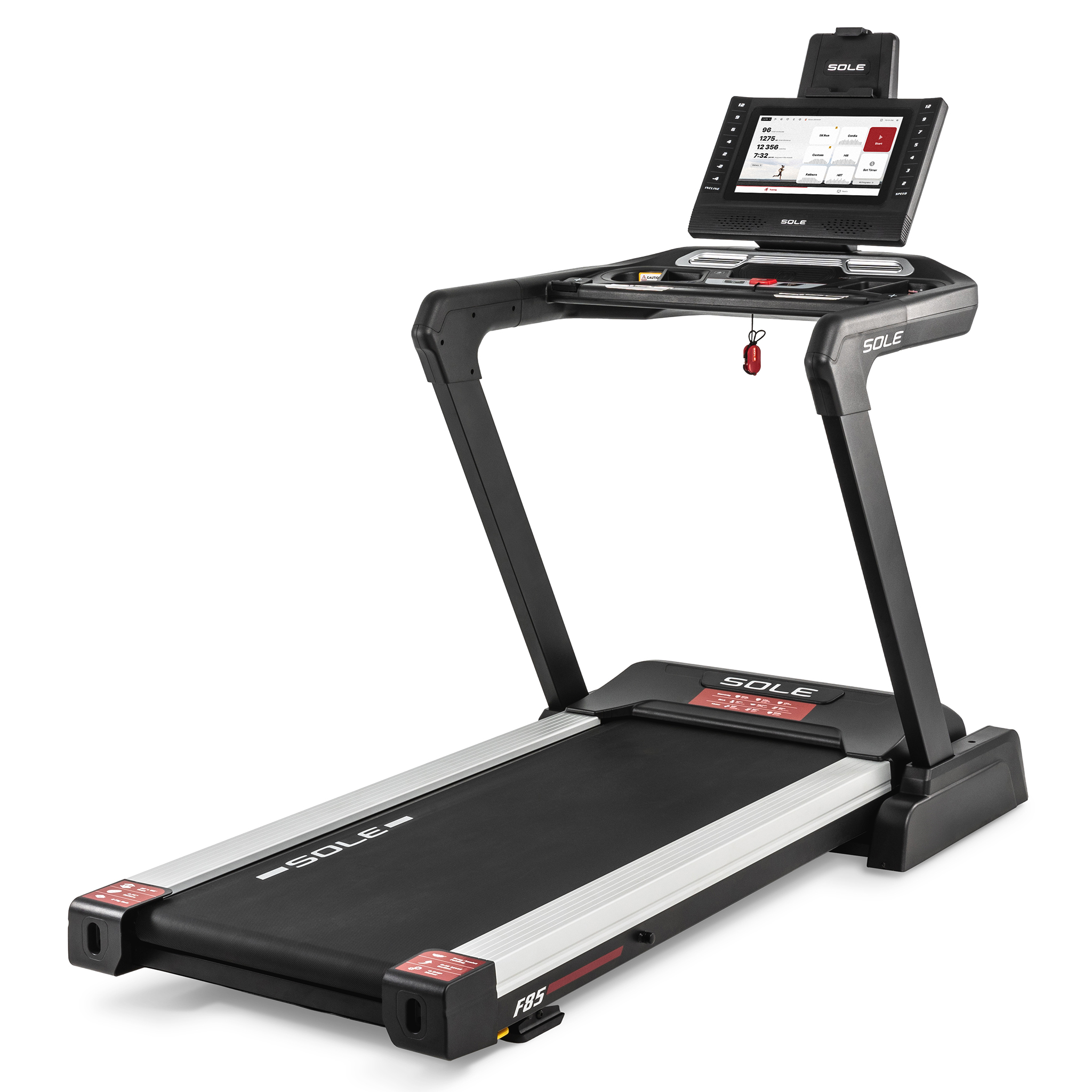 Ein SOLE F85 Laufband auf weißem Hintergrund. Es hat einen Bildschirm, der Trainingsdaten anzeigt. Die Maschine ist schwarz und silber.