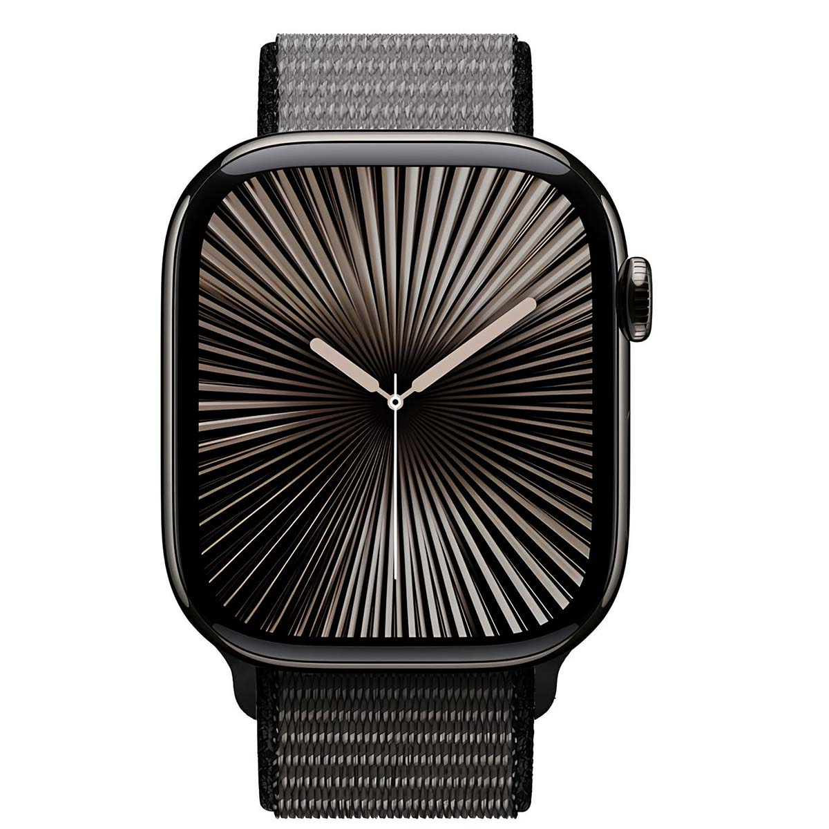 Un Apple Watch negro con pantalla de patrón radial y correa de tela gris. El reloj muestra la hora. La correa es de tela gris.