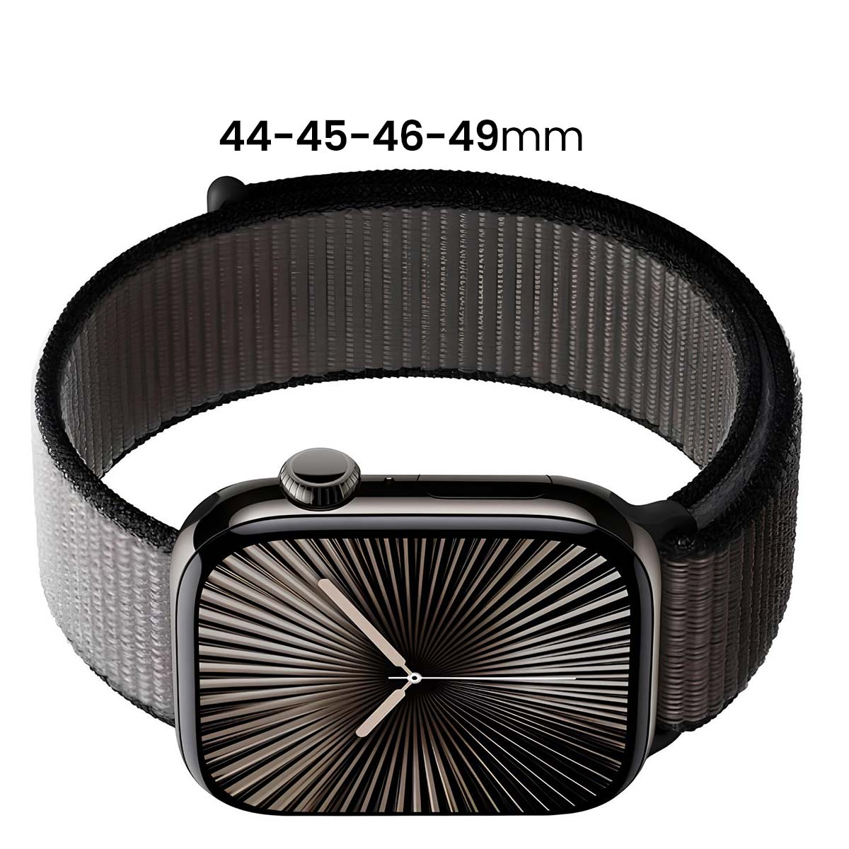 Un Apple Watch con correa gris y negra. La esfera muestra líneas radiales y manecillas. El texto superior dice 44-45-46-49mm.
