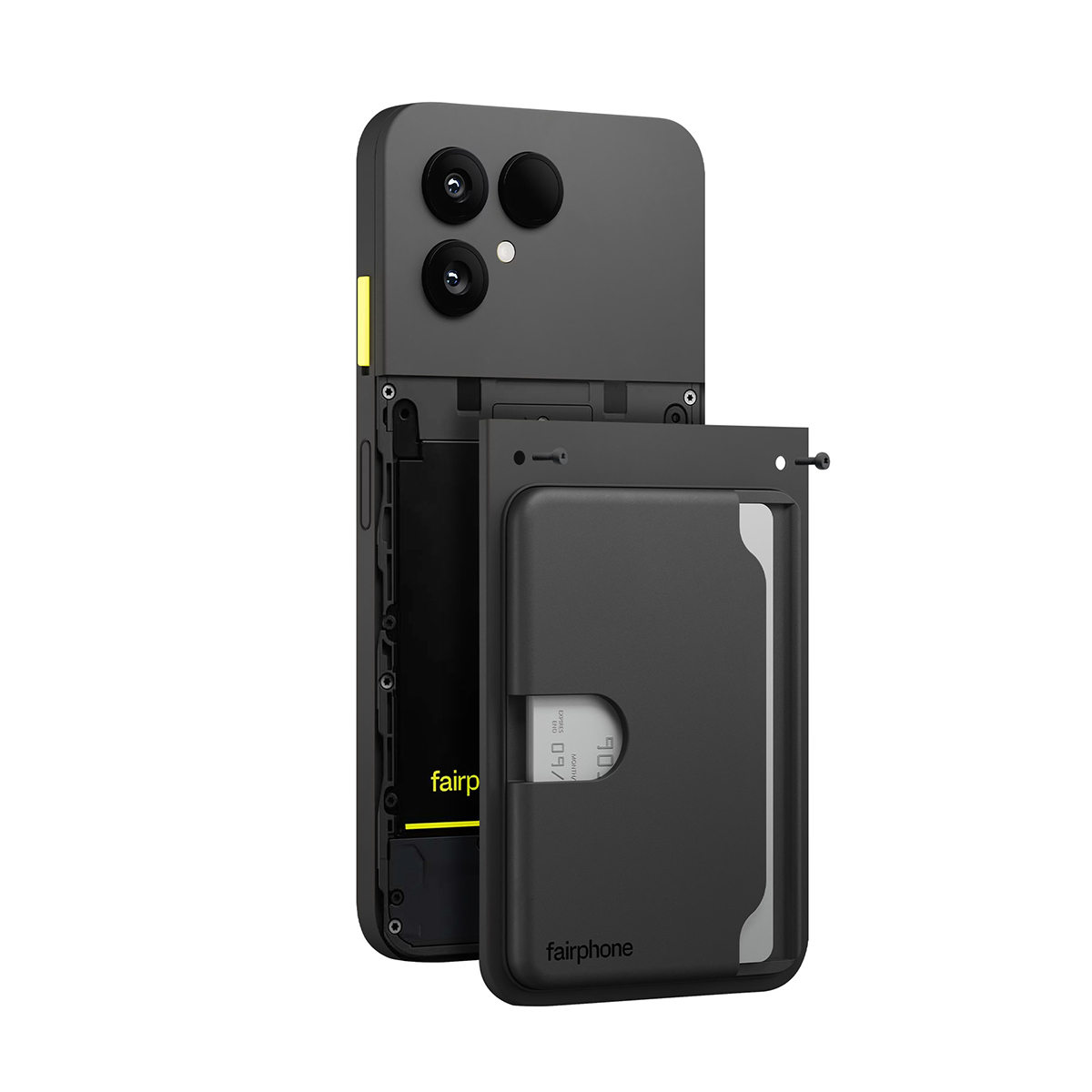 Fairphone nero con accessorio portafoglio. Il telefono ha fotocamere. Il portafoglio è parzialmente estratto e mostra una carta.