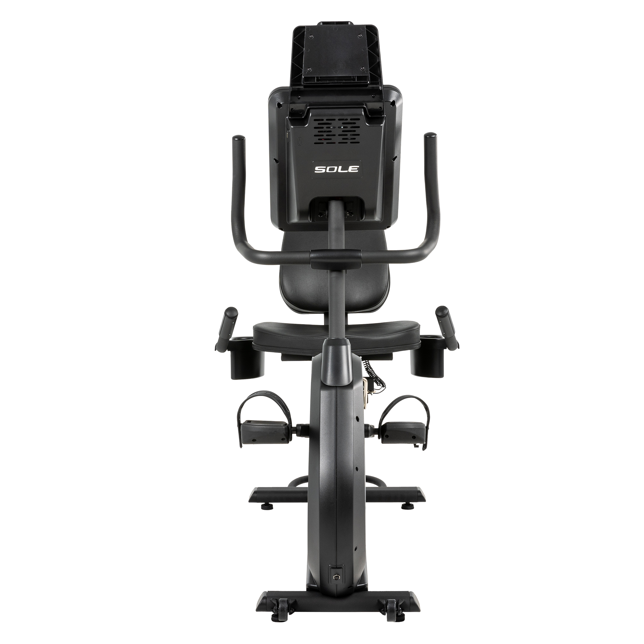 Ein schwarzes stationäres Trainingsfahrrad der Marke Sole mit Display, Sitz, Pedalen und Lenker vor weißem Hintergrund.