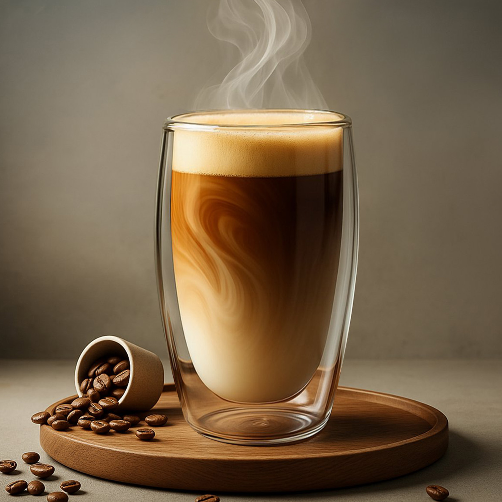 Ein hohes Glas Latte mit Kaffeebohnen auf einem Holztablett, Dampf steigt auf. Helle Brauntöne dominieren das Bild.