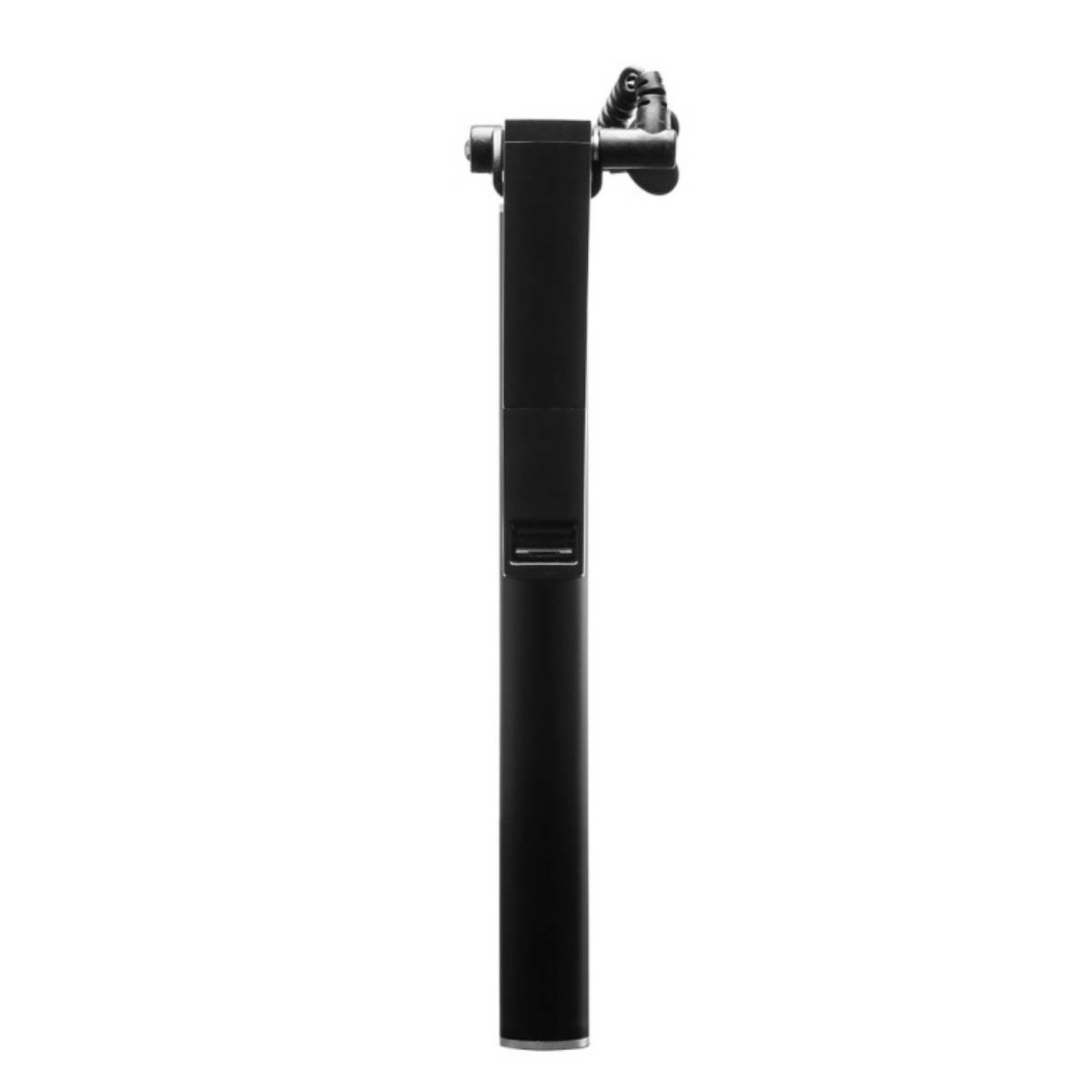 Un bastone per selfie nero, orientato verticalmente, su sfondo bianco. Il bastone ha un'impugnatura, un corpo telescopico e un supporto per telefono.