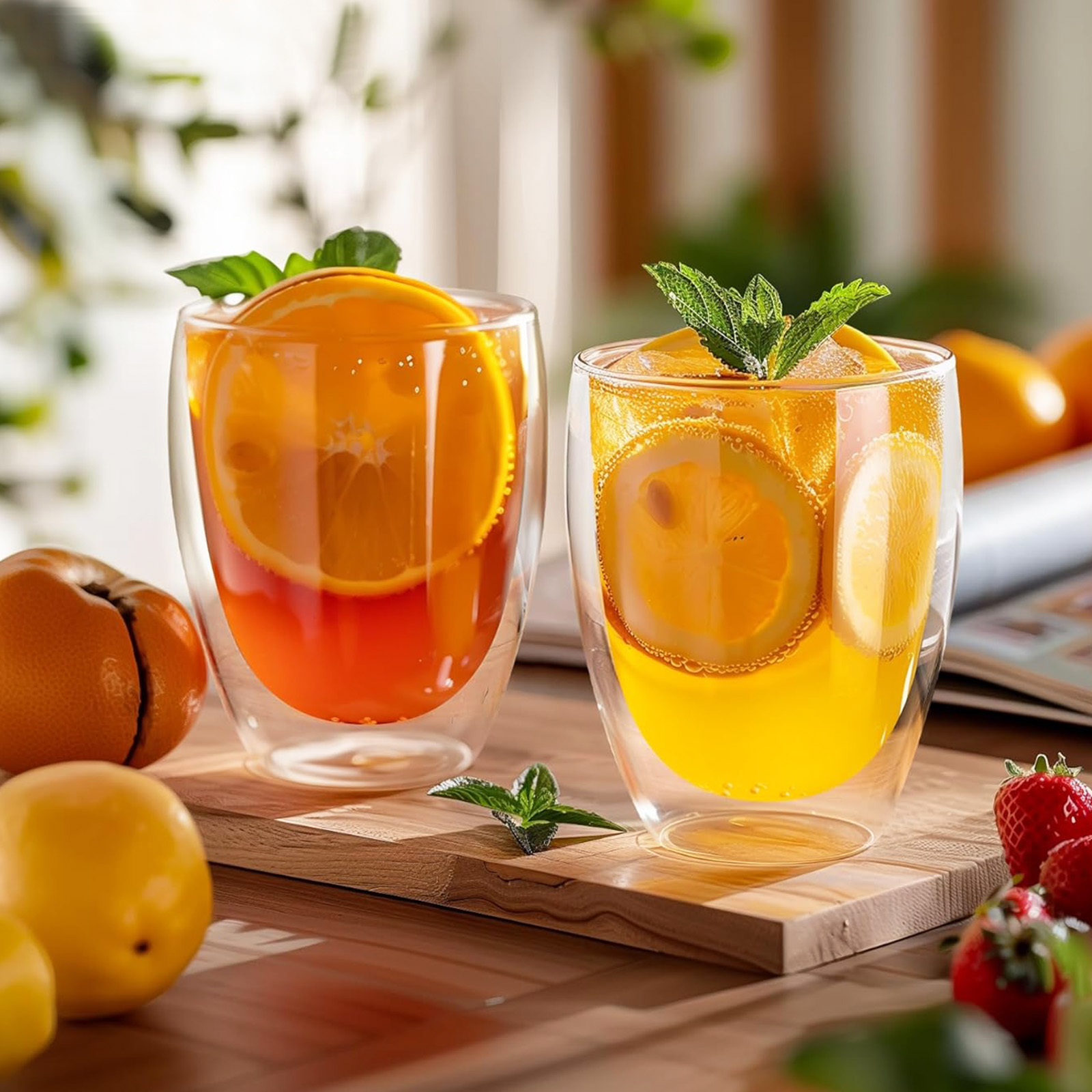 Zwei Gläser mit Orangen- und Zitronenscheiben. Minzblätter oben. Orangen, Zitronen, Erdbeeren und ein Holzbrett.