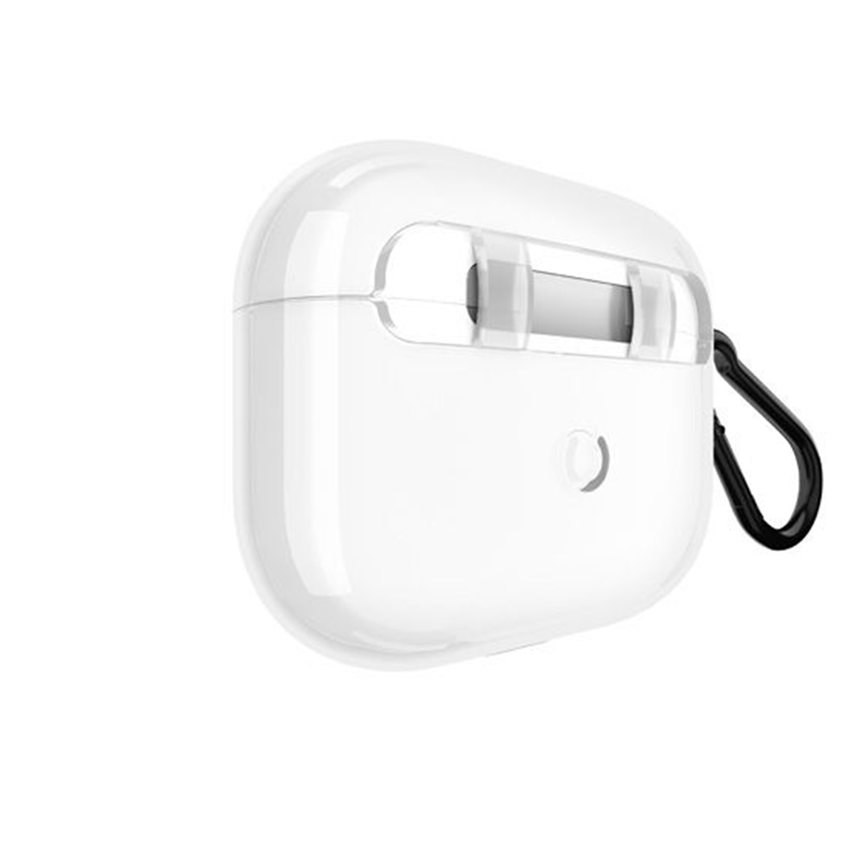 Una custodia AirPods bianca e trasparente con moschettone nero. La custodia è su sfondo bianco.