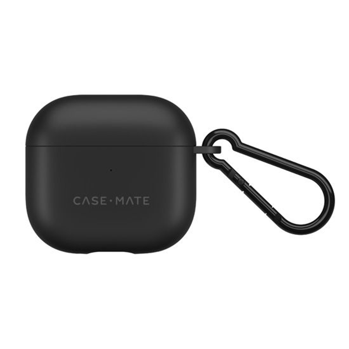 Una custodia nera per AirPods Case-Mate con un moschettone nero. La custodia è quadrata con bordi arrotondati. Il nome del marchio è in basso.