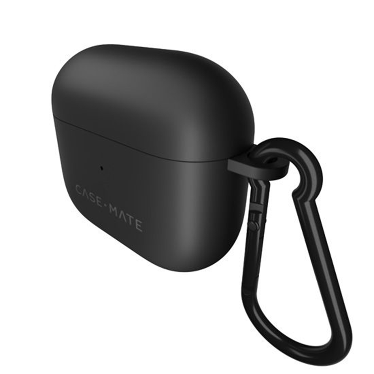 Custodia nera Case-Mate per AirPods con moschettone nero. La custodia è chiusa. Il nome del marchio è stampato sulla custodia.