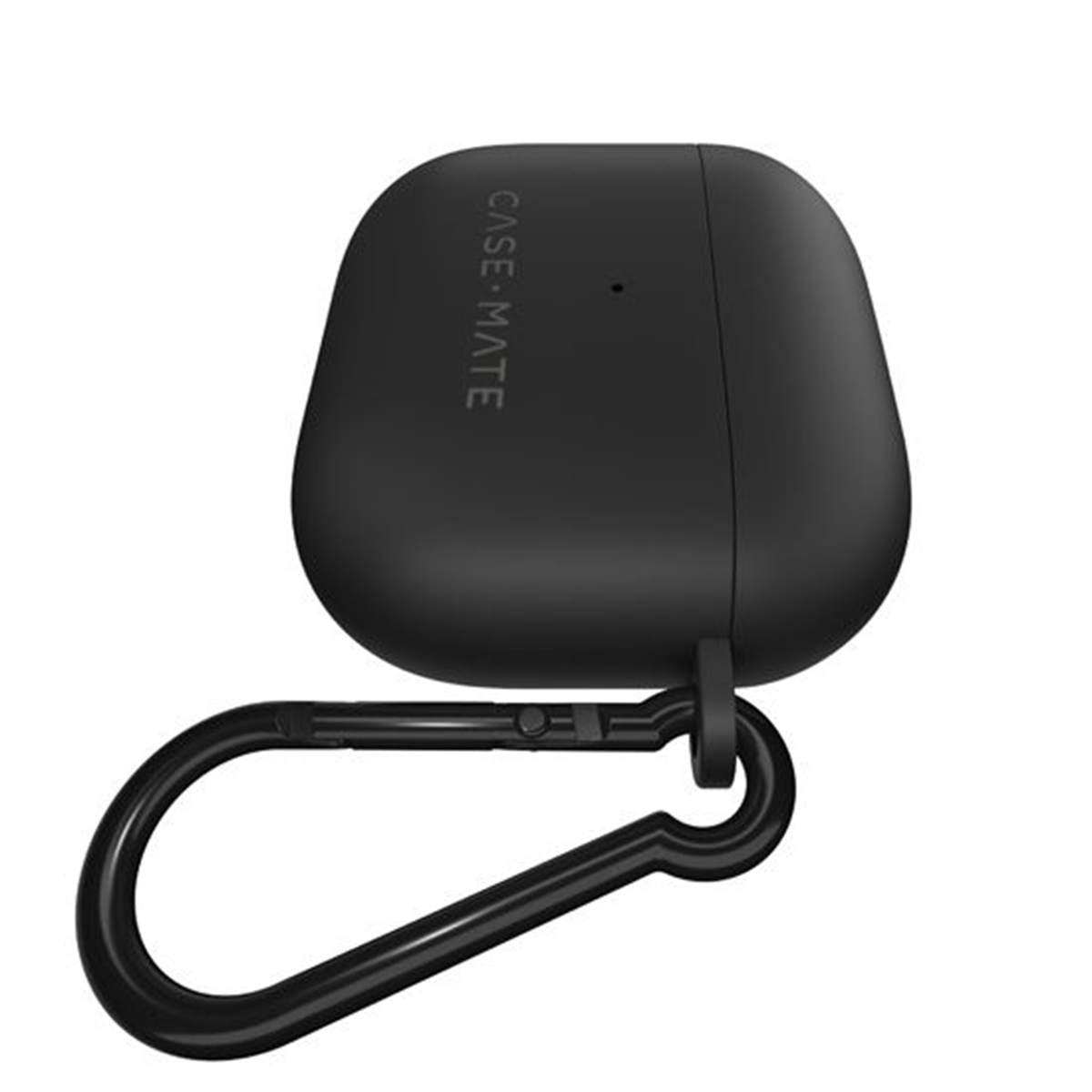 Una custodia nera Case-Mate AirPods con moschettone. La custodia è chiusa. Il moschettone è attaccato alla custodia.