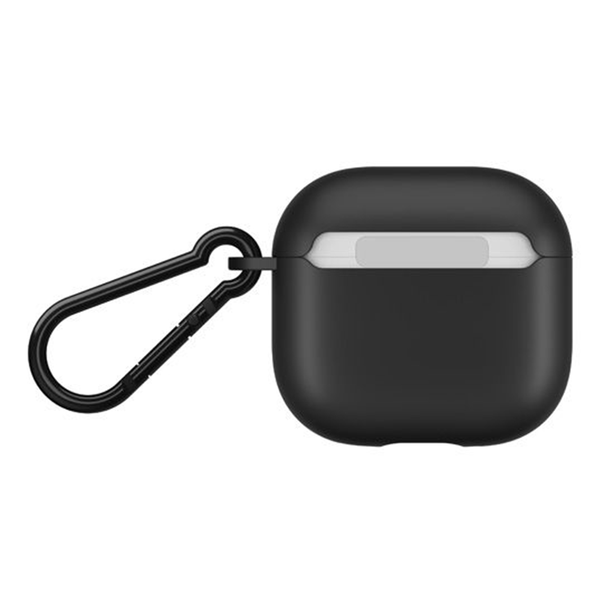 Una custodia nera per AirPods con moschettone nero. La custodia è rettangolare con bordi arrotondati e interno bianco.
