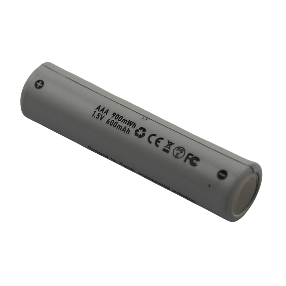 Una batteria AAA grigia, con testo e simboli. È cilindrica, su sfondo bianco. Dettagli: specifiche e marchi di certificazione.