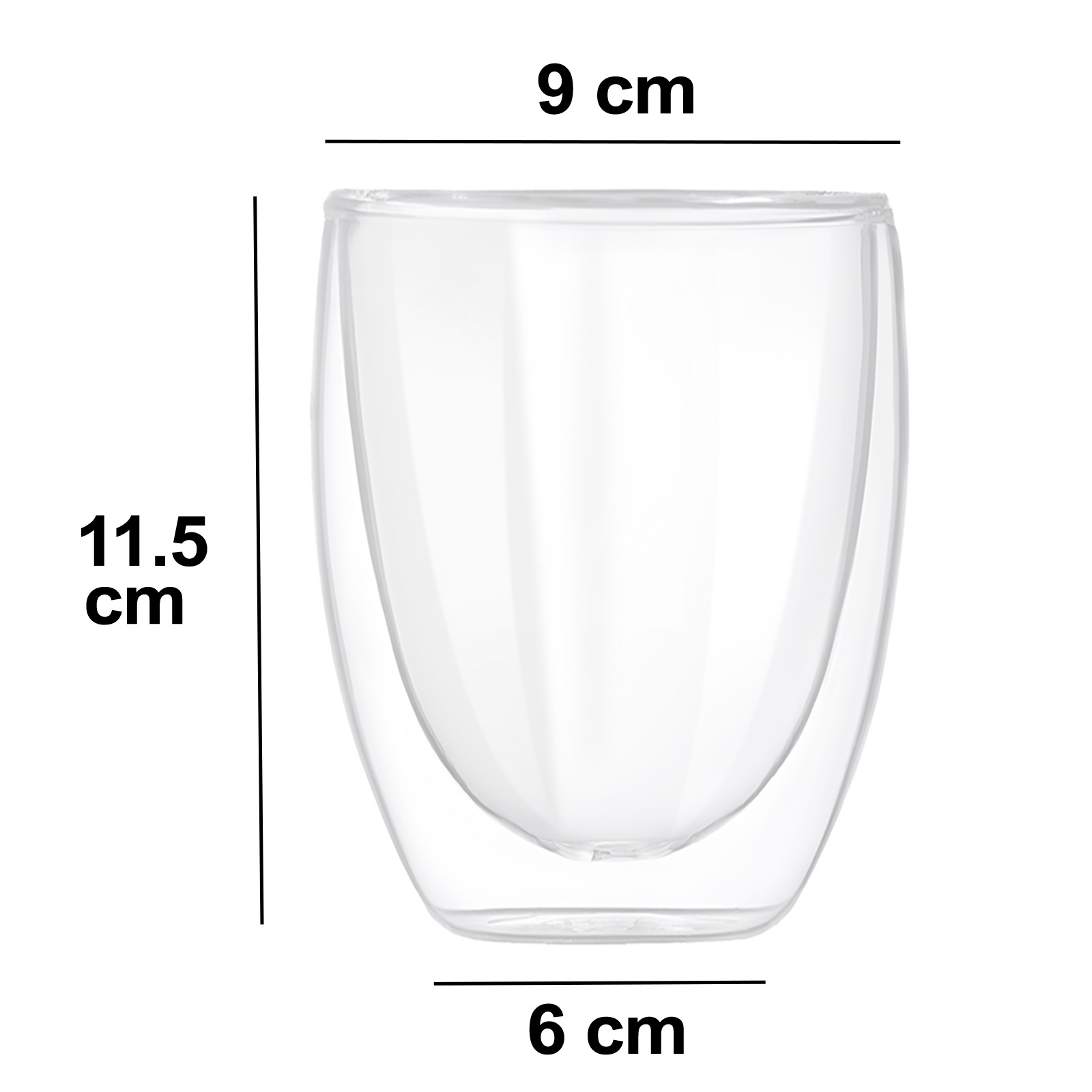 Klarer, doppelwandiger Glasbecher mit Maßen: 9 cm breit, 11,5 cm hoch und 6 cm Basis, auf weißem Hintergrund.