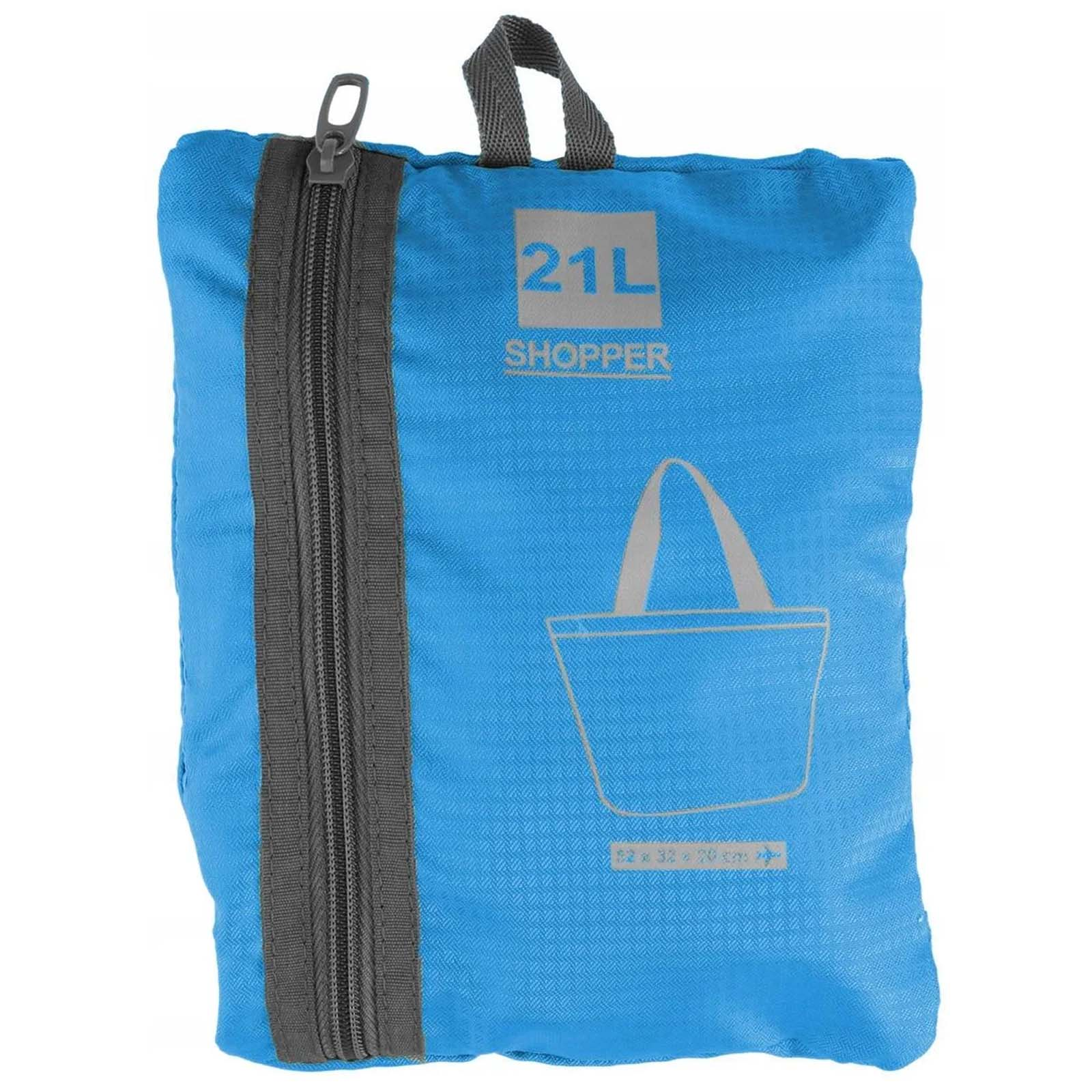 Una borsa della spesa blu con cerniera e manico grigi e grafica stampata del cliente. Dice '21L SHOPPER'.