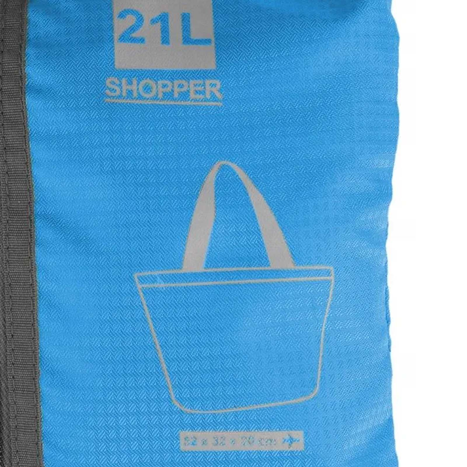 Borsa shopper blu con contorno bianco. Testo "21L Shopper" e dimensioni indicate in basso.