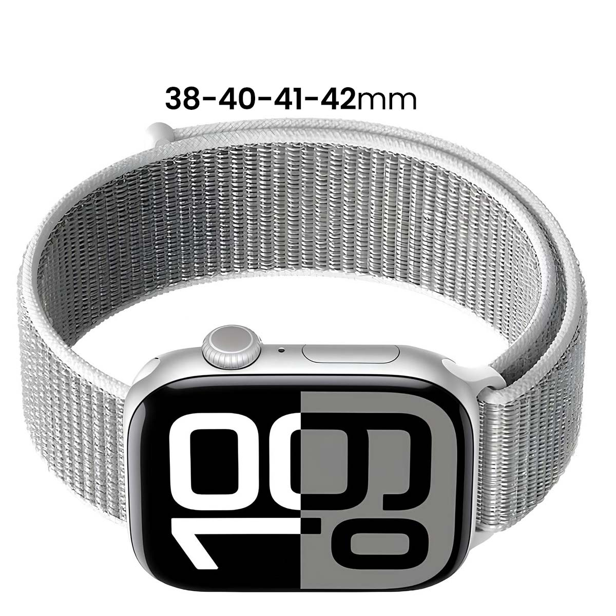 Apple Watch argentato con cinturino grigio intrecciato, mostra il numero 10 sullo schermo. Il testo sopra dice 38-40-41-42mm.