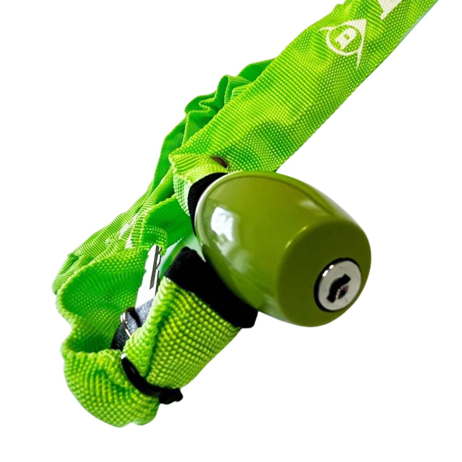 Un lucchetto a catena verde per bicicletta con buco della serratura, su sfondo bianco. Il lucchetto ha una copertura verde e un buco della serratura.