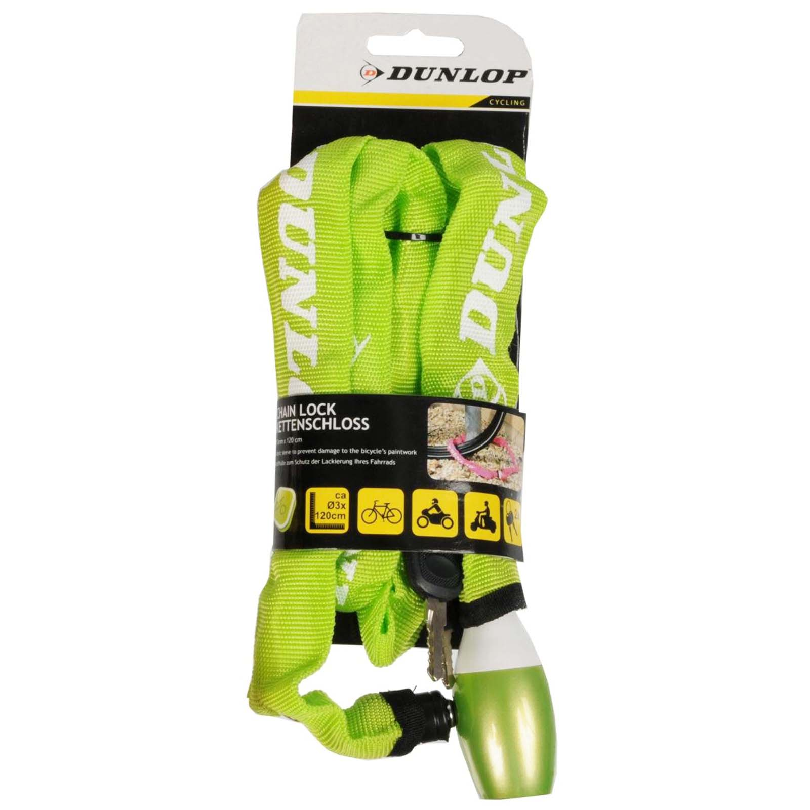Un lucchetto a catena verde per biciclette con chiavi, confezionato. Il marchio è Dunlop. La confezione riporta 'Lucchetto a catena' e 'Ciclismo'.
