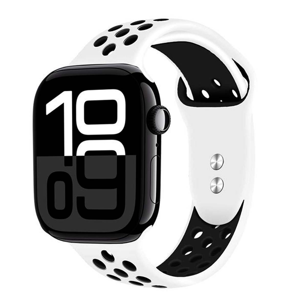 Smartwatch nero con ora 10:09, cinturino bianco con dettagli neri. Isolato su sfondo bianco.