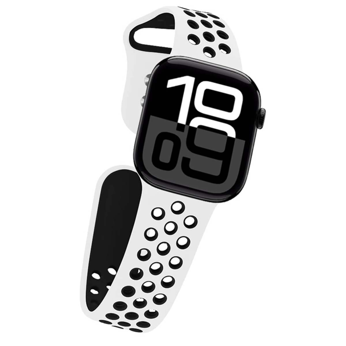 Uno smartwatch nero con cinturino bianco e nero. L'orologio mostra l'ora 10:09. Il cinturino ha dei fori.