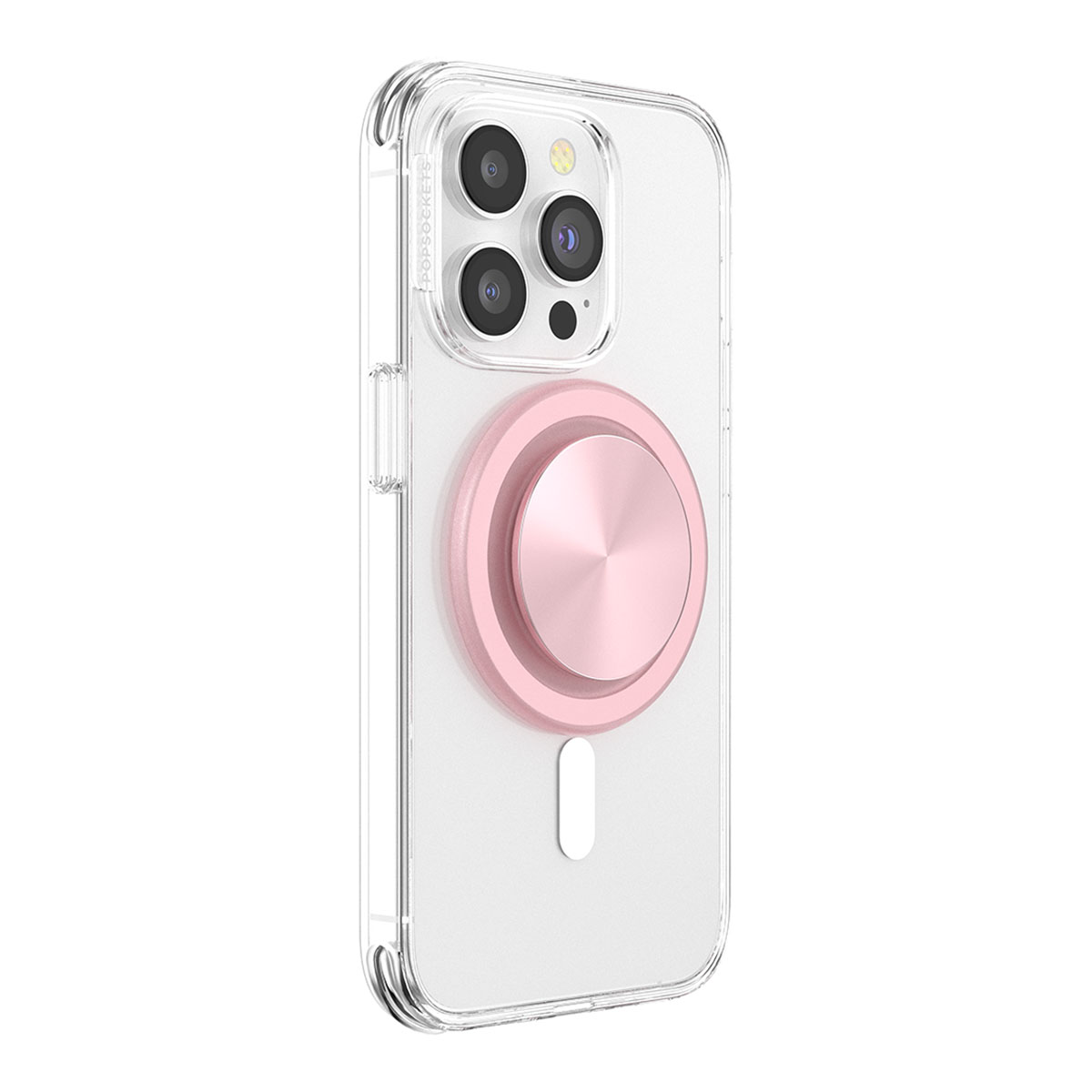 Custodia trasparente per iPhone con PopSocket rosa. Il telefono ha tre fotocamere posteriori. Lo sfondo è bianco.