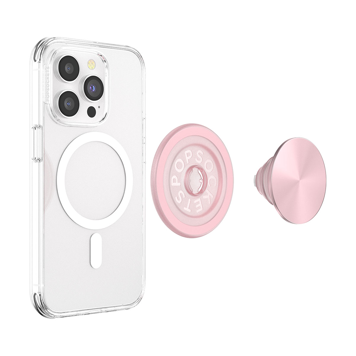 Una custodia trasparente per telefono con un cerchio bianco e un PopSocket rosa. C'è un PopSocket staccato e un PopSocket rosa rotondo.